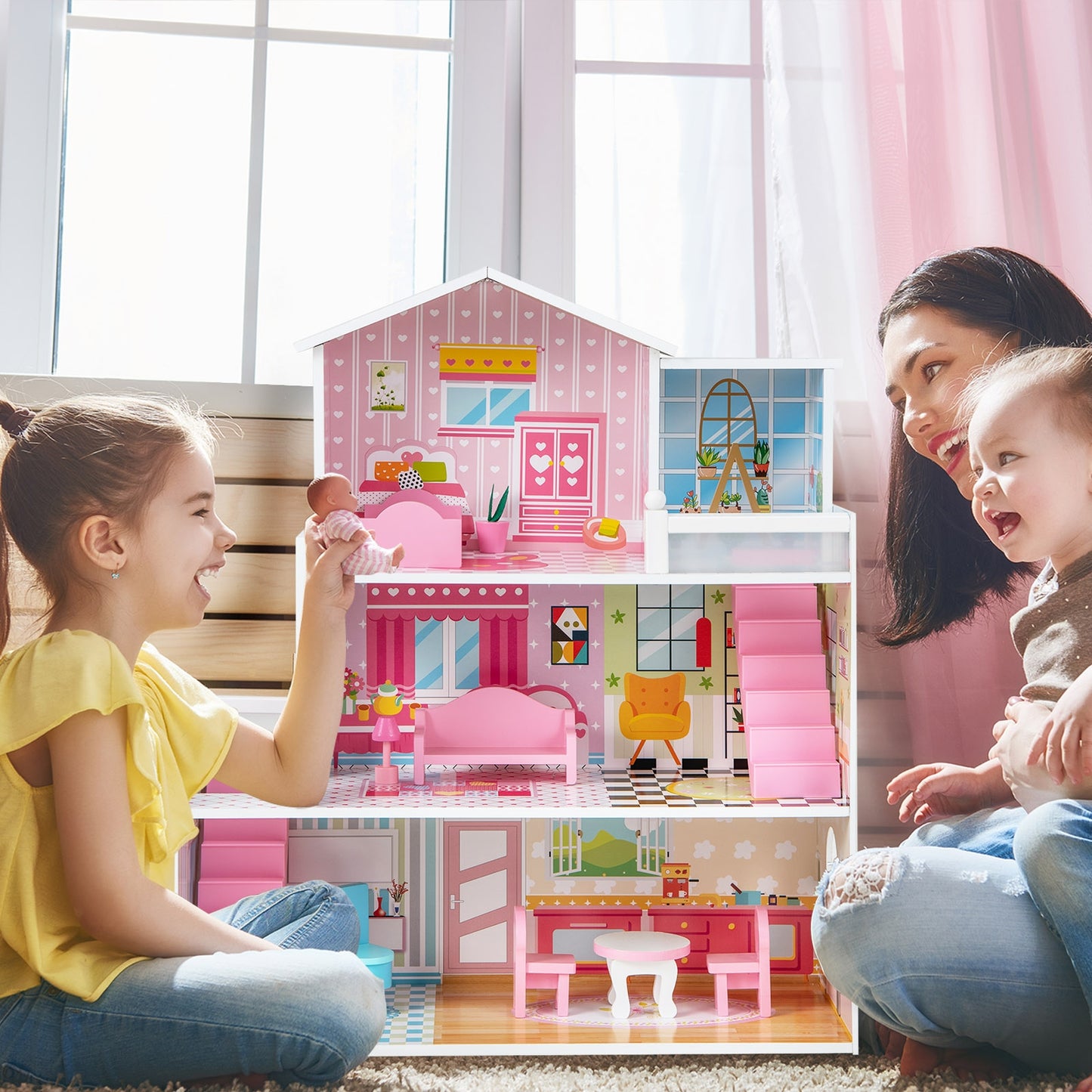 Kids Wooden Dollhouse Playset with 5 Simulated Rooms and 10 Pieces of Furniture-Pink Kids Crystal