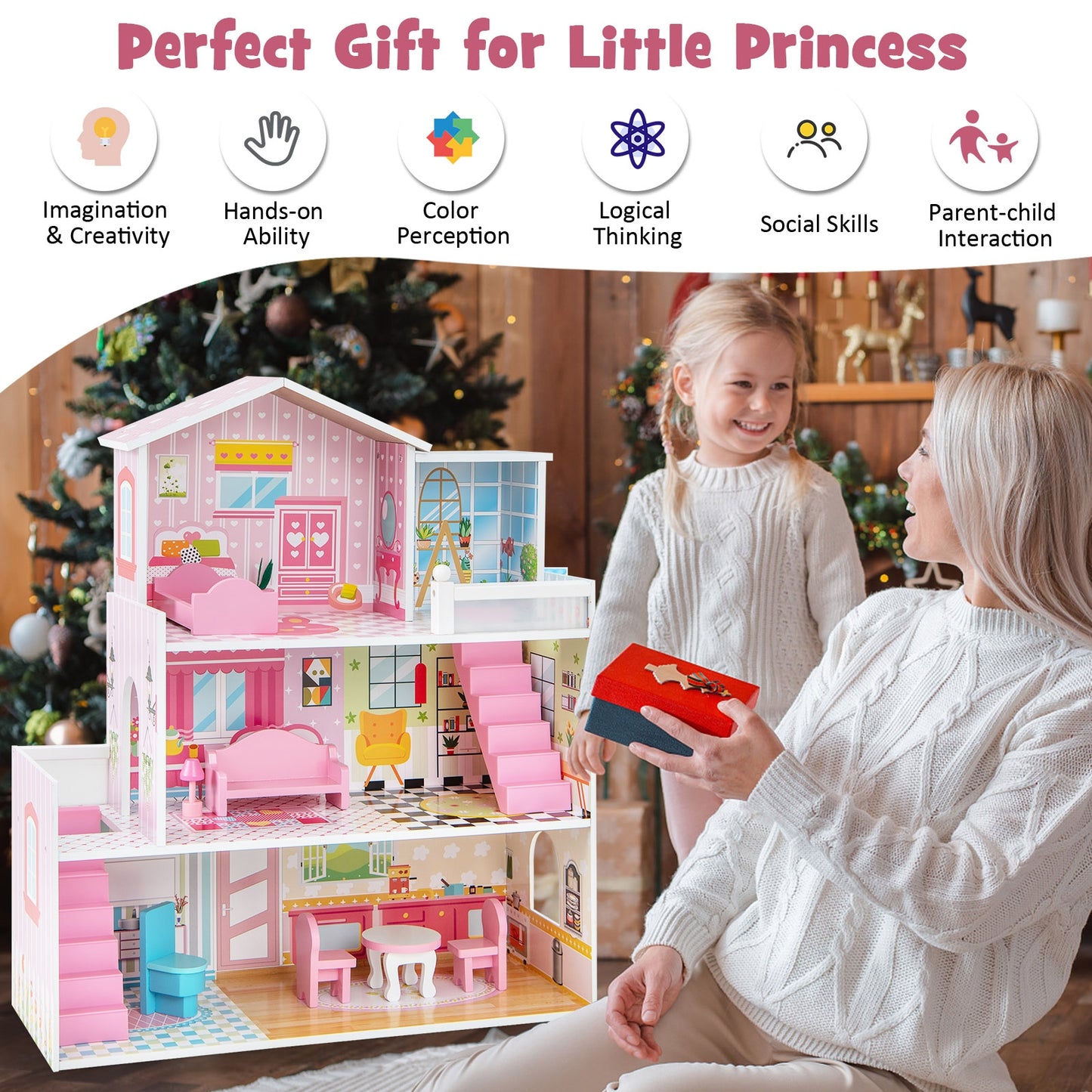 Kids Wooden Dollhouse Playset with 5 Simulated Rooms and 10 Pieces of Furniture-Pink Kids Crystal