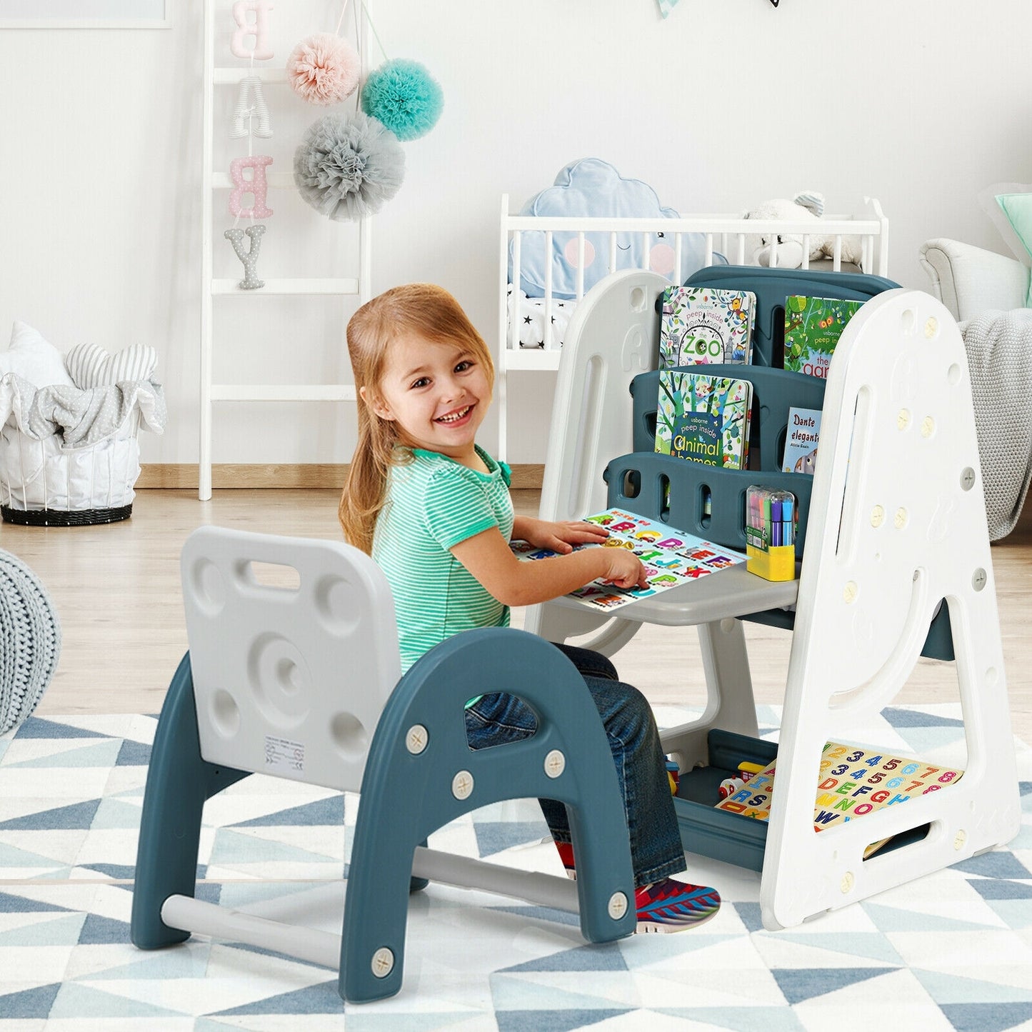 2-in-1 Kids Easel Desk Chair Set Book Rack Adjustable Art Painting Board-Blue Kids Crystal