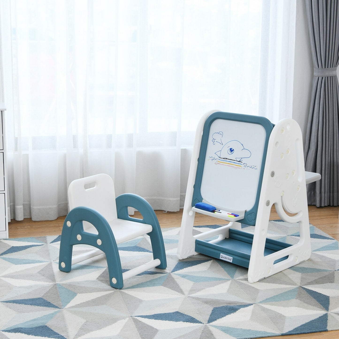 2-in-1 Kids Easel Desk Chair Set Book Rack Adjustable Art Painting Board-Blue Kids Crystal