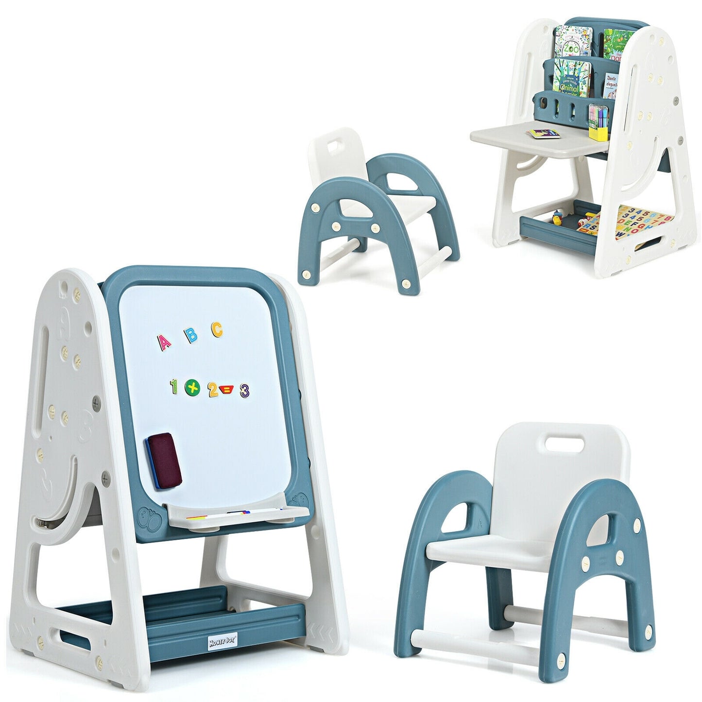 2-in-1 Kids Easel Desk Chair Set Book Rack Adjustable Art Painting Board-Blue Kids Crystal