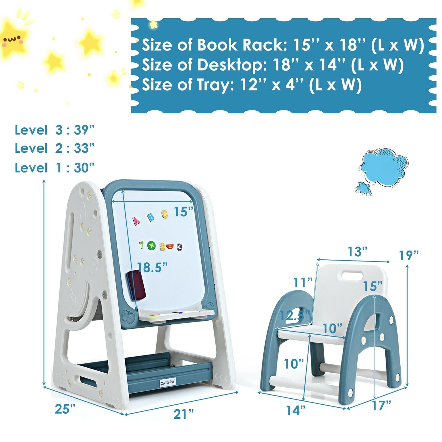 2-in-1 Kids Easel Desk Chair Set Book Rack Adjustable Art Painting Board-Blue Kids Crystal