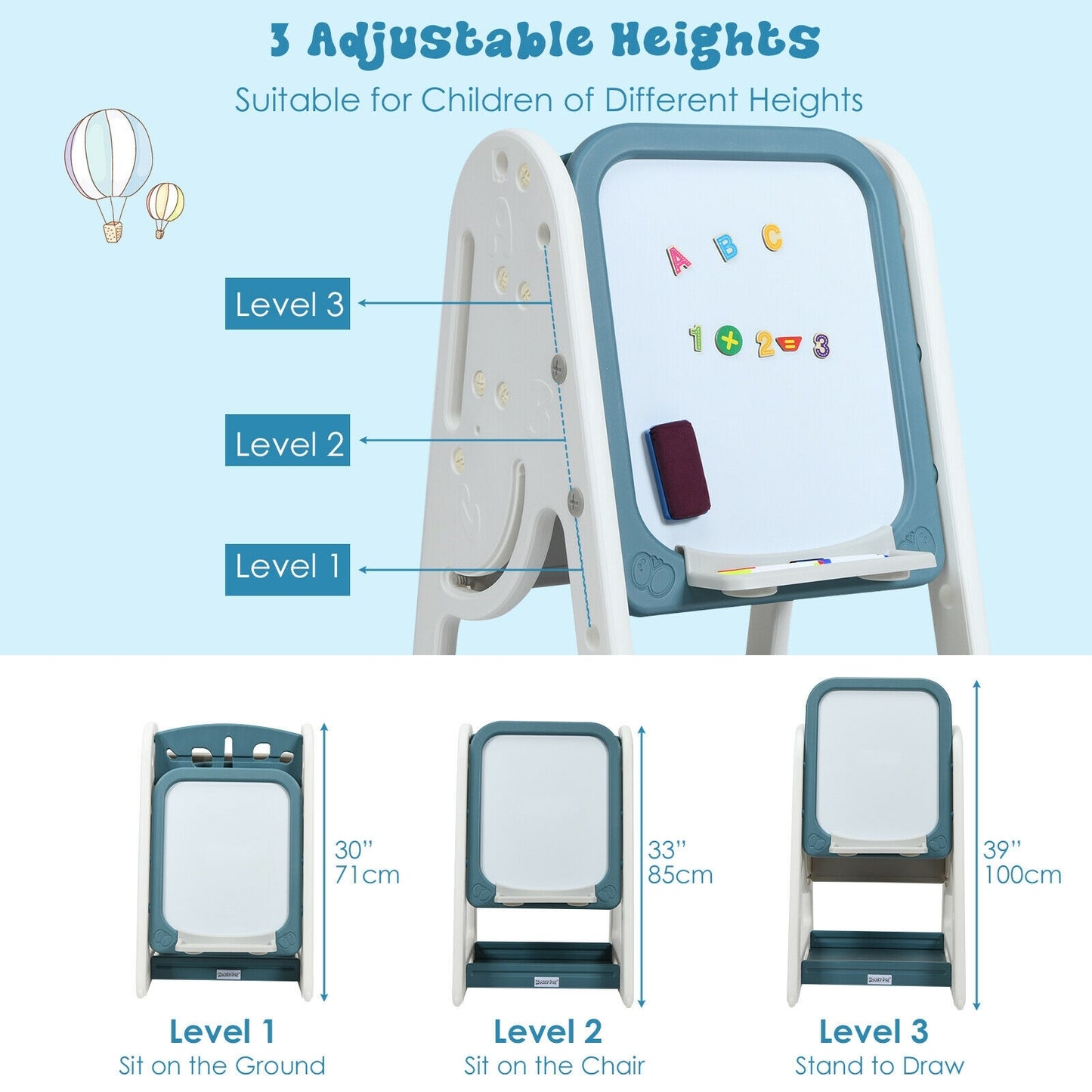2-in-1 Kids Easel Desk Chair Set Book Rack Adjustable Art Painting Board-Blue Kids Crystal