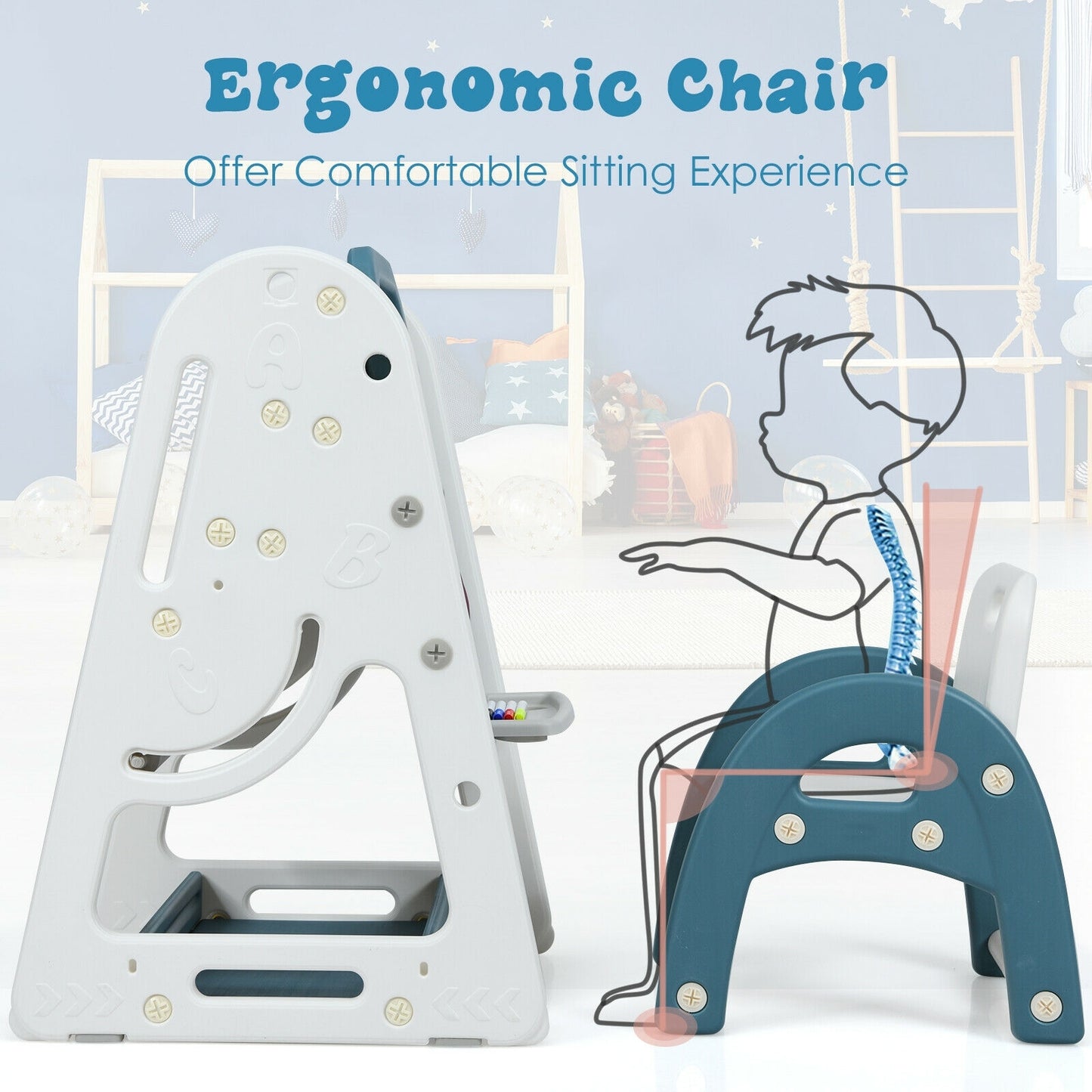 2-in-1 Kids Easel Desk Chair Set Book Rack Adjustable Art Painting Board-Blue Kids Crystal