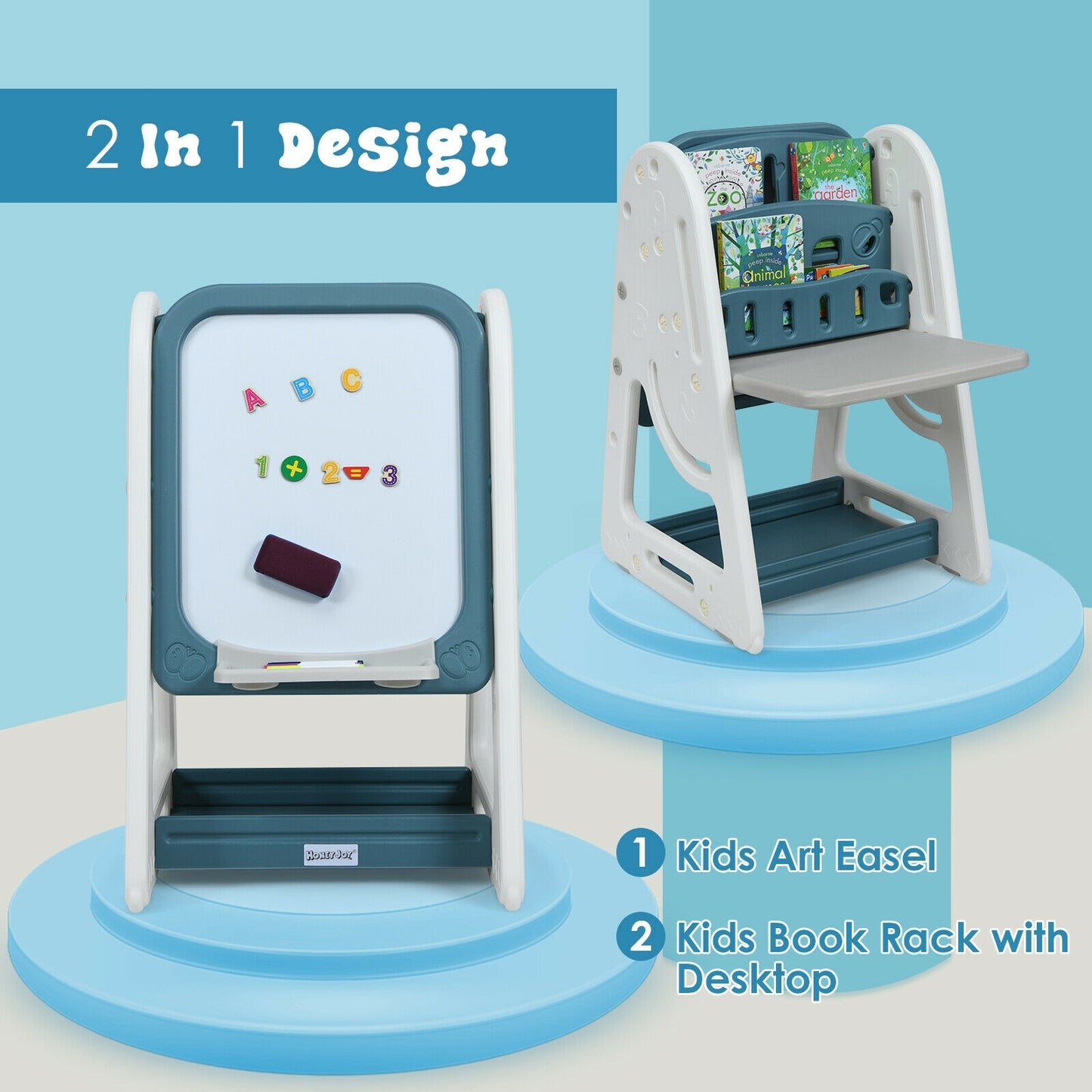 2-in-1 Kids Easel Desk Chair Set Book Rack Adjustable Art Painting Board-Blue Kids Crystal