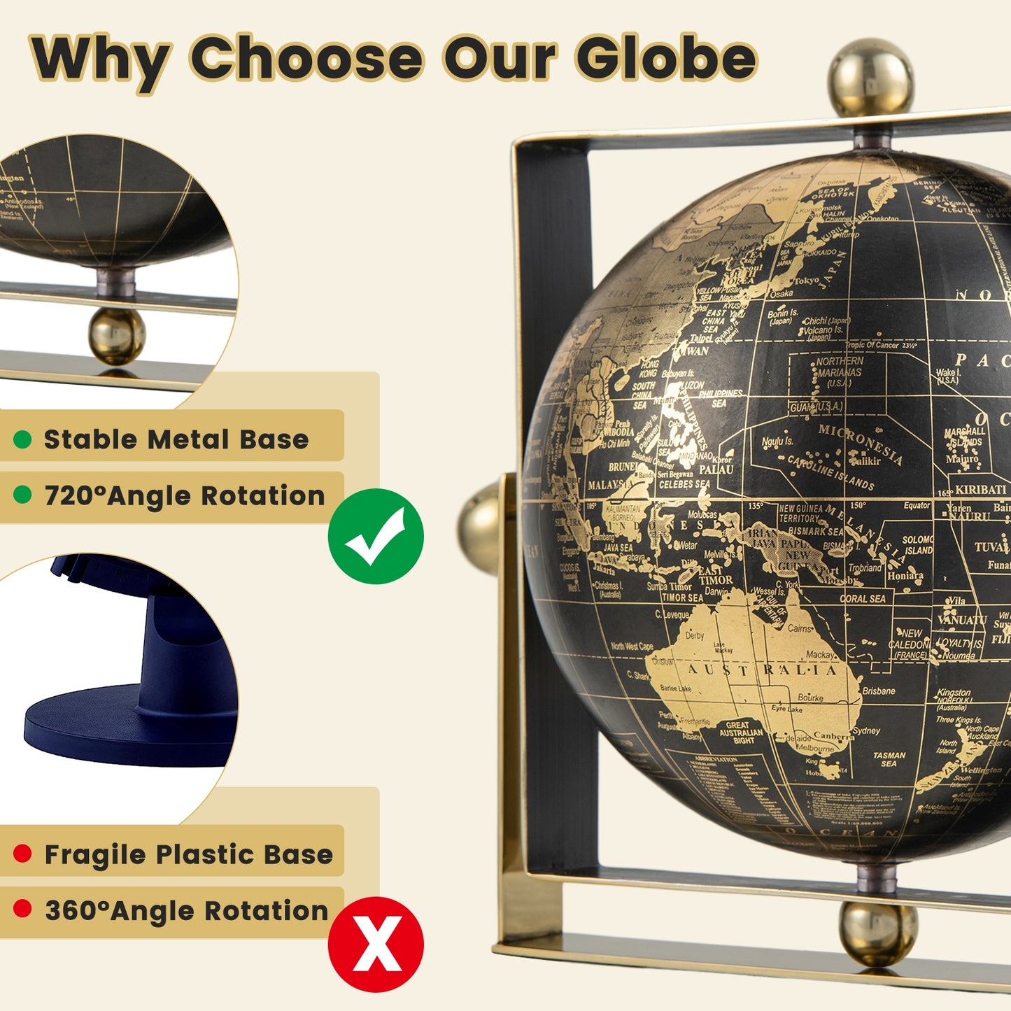 Geographic 6/ 8/ 10 Inch World Globe with Clear Printing and Square Frame-S Kids Crystal