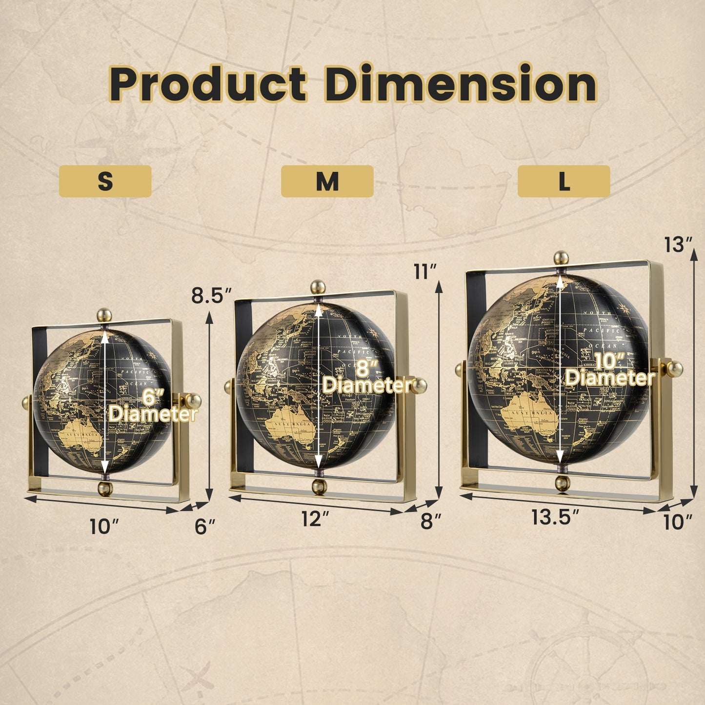 Geographic 6/ 8/ 10 Inch World Globe with Clear Printing and Square Frame-M Kids Crystal