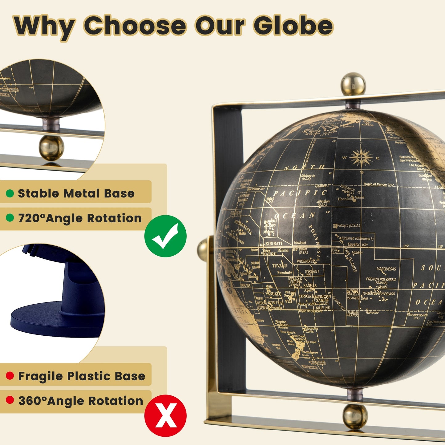 Geographic 6/ 8/ 10 Inch World Globe with Clear Printing and Square Frame-M Kids Crystal