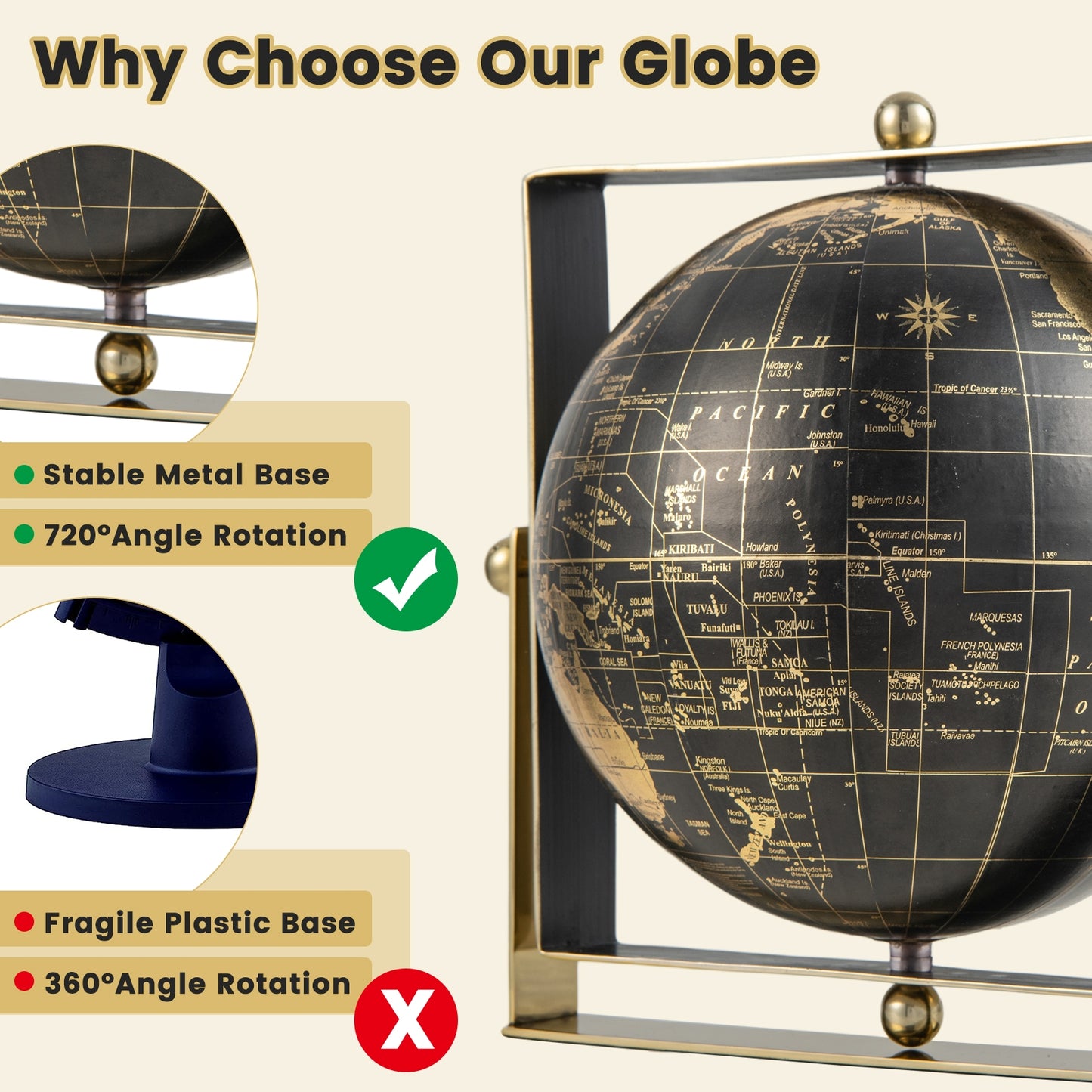Geographic 6/ 8/ 10 Inch World Globe with Clear Printing and Square Frame-L Kids Crystal