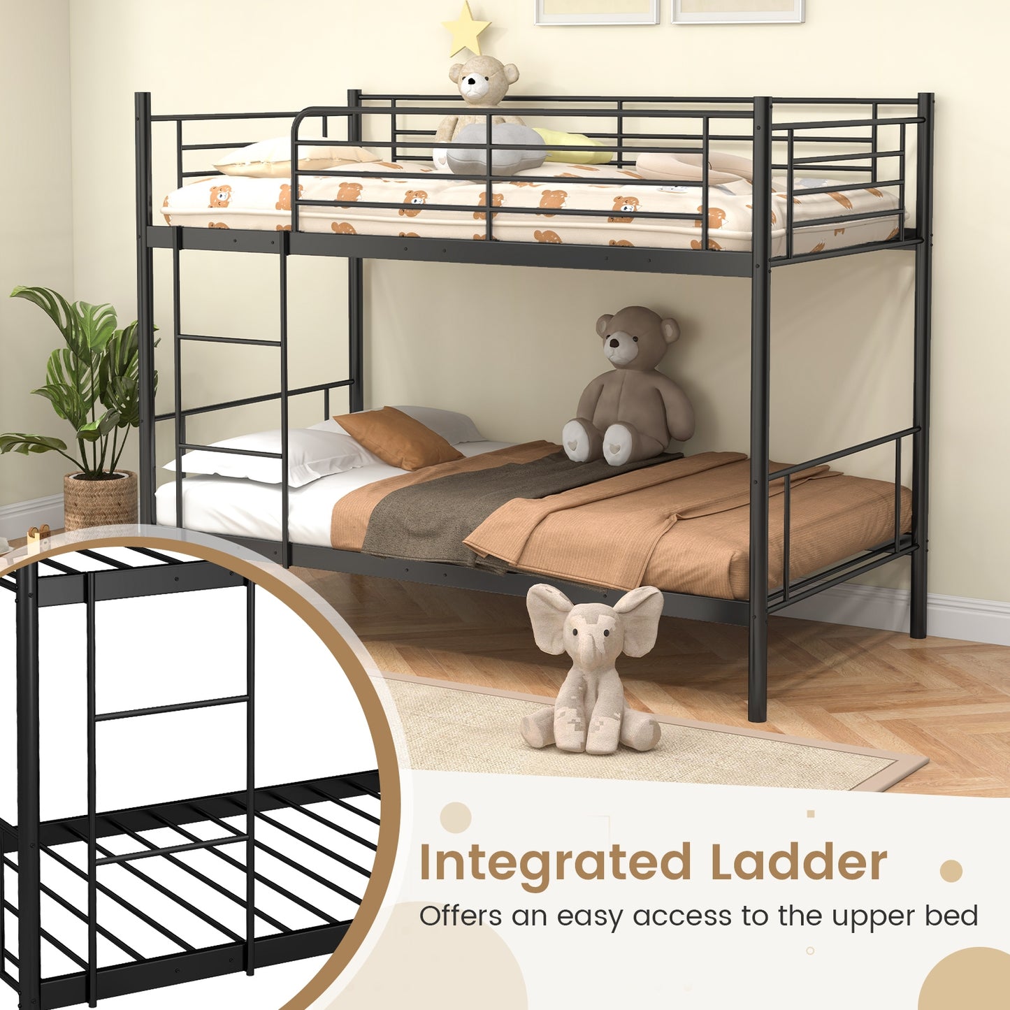 Metal Bunk Bed with Ladder and Full-length Guardrails-Black Kids Crystal