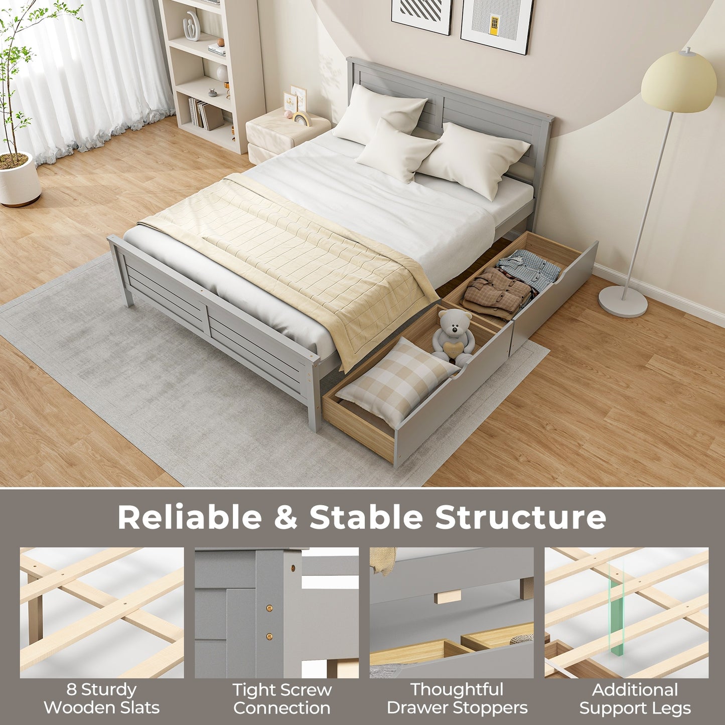 Full Size Bed Frame with Storage Drawers and Solid Wood Headboard-Gray Kids Crystal