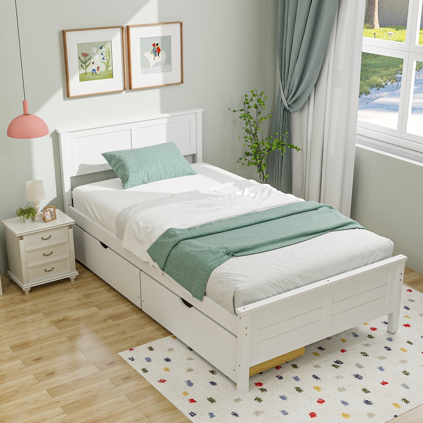 Twin Size Bed Frame with Storage Drawers-White Kids Crystal