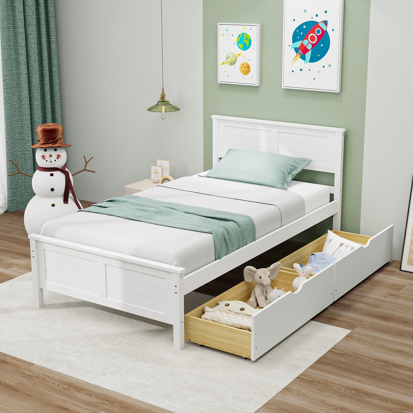 Twin Size Bed Frame with Storage Drawers-White Kids Crystal