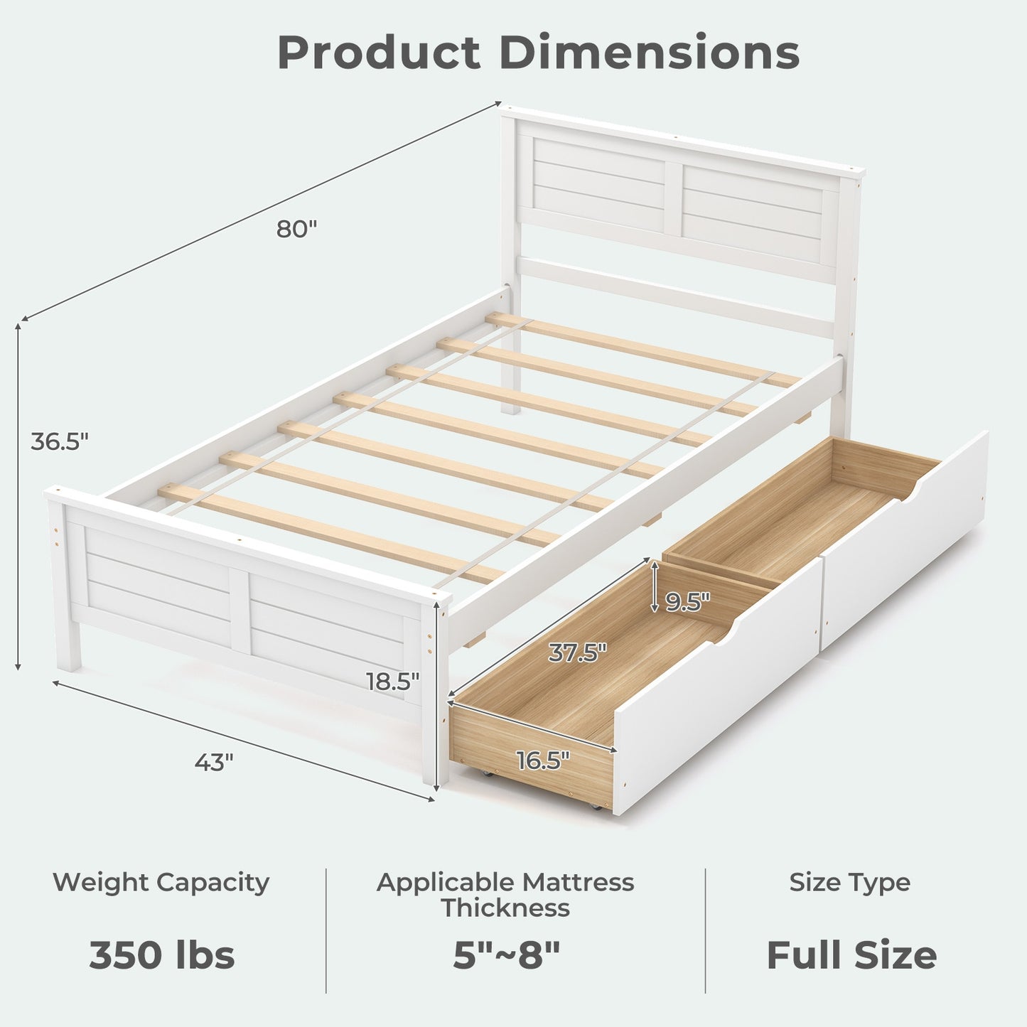 Twin Size Bed Frame with Storage Drawers-White Kids Crystal