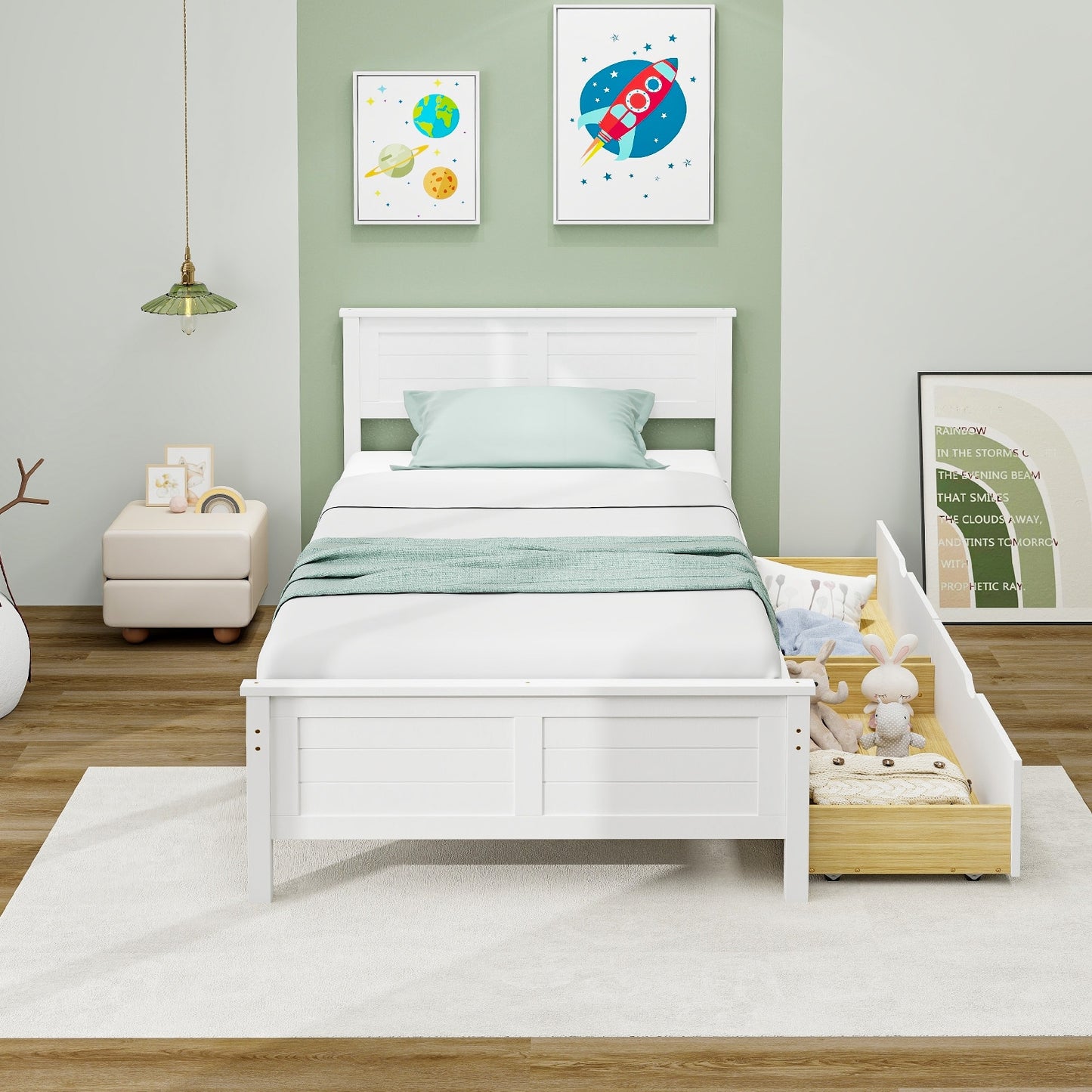 Twin Size Bed Frame with Storage Drawers-White Kids Crystal
