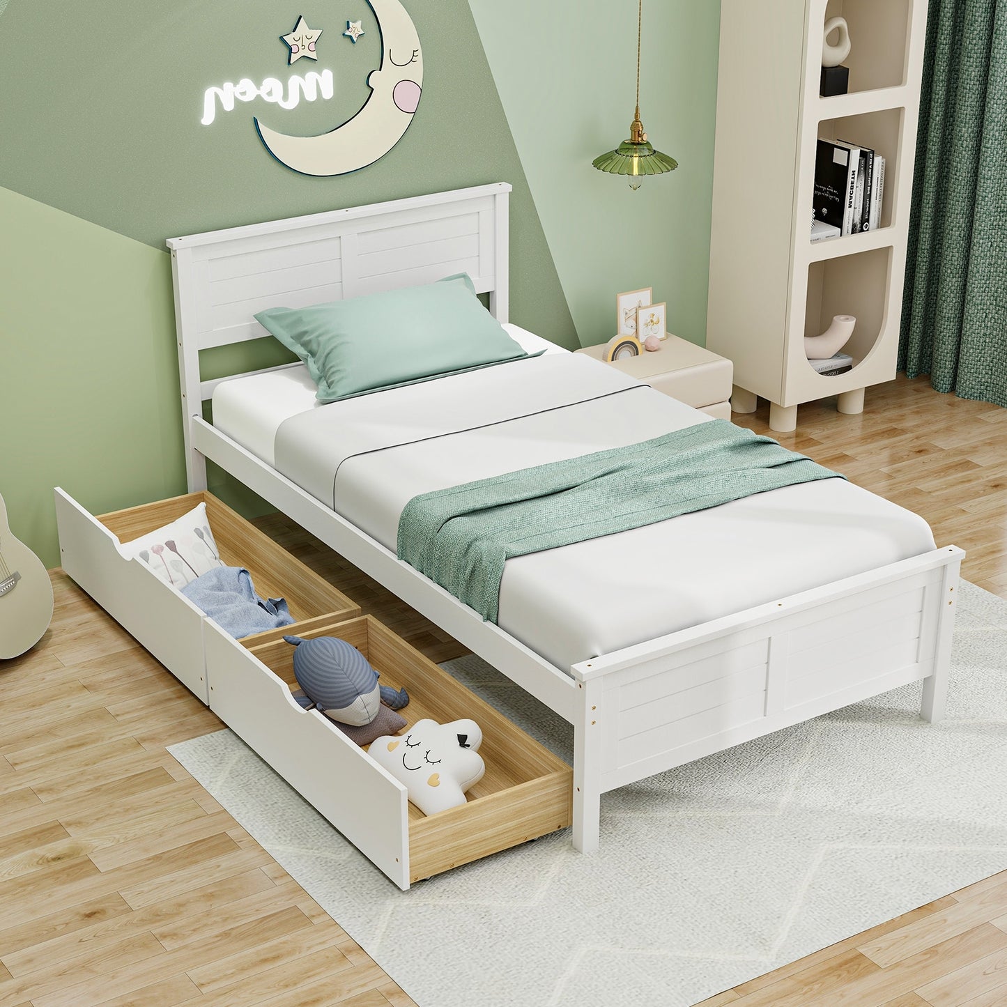 Twin Size Bed Frame with Storage Drawers-White Kids Crystal