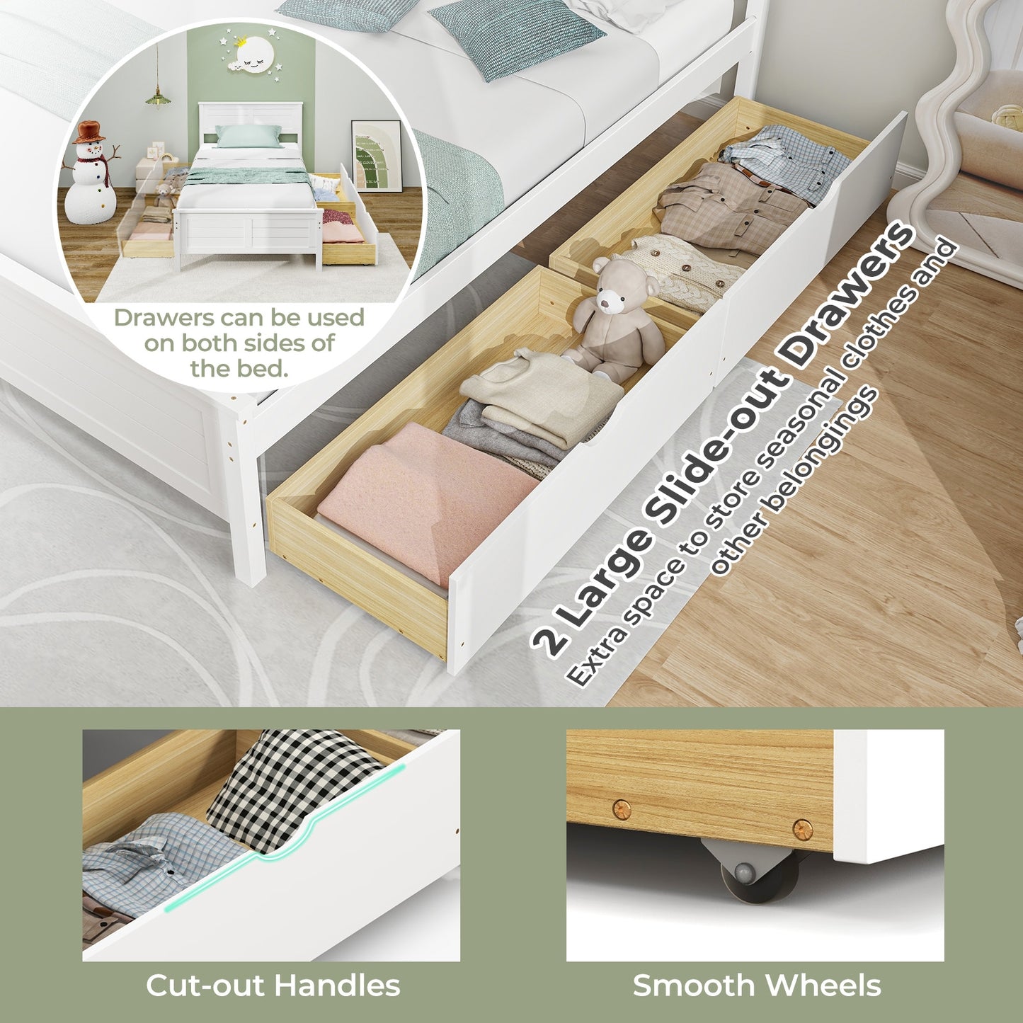 Twin Size Bed Frame with Storage Drawers-White Kids Crystal