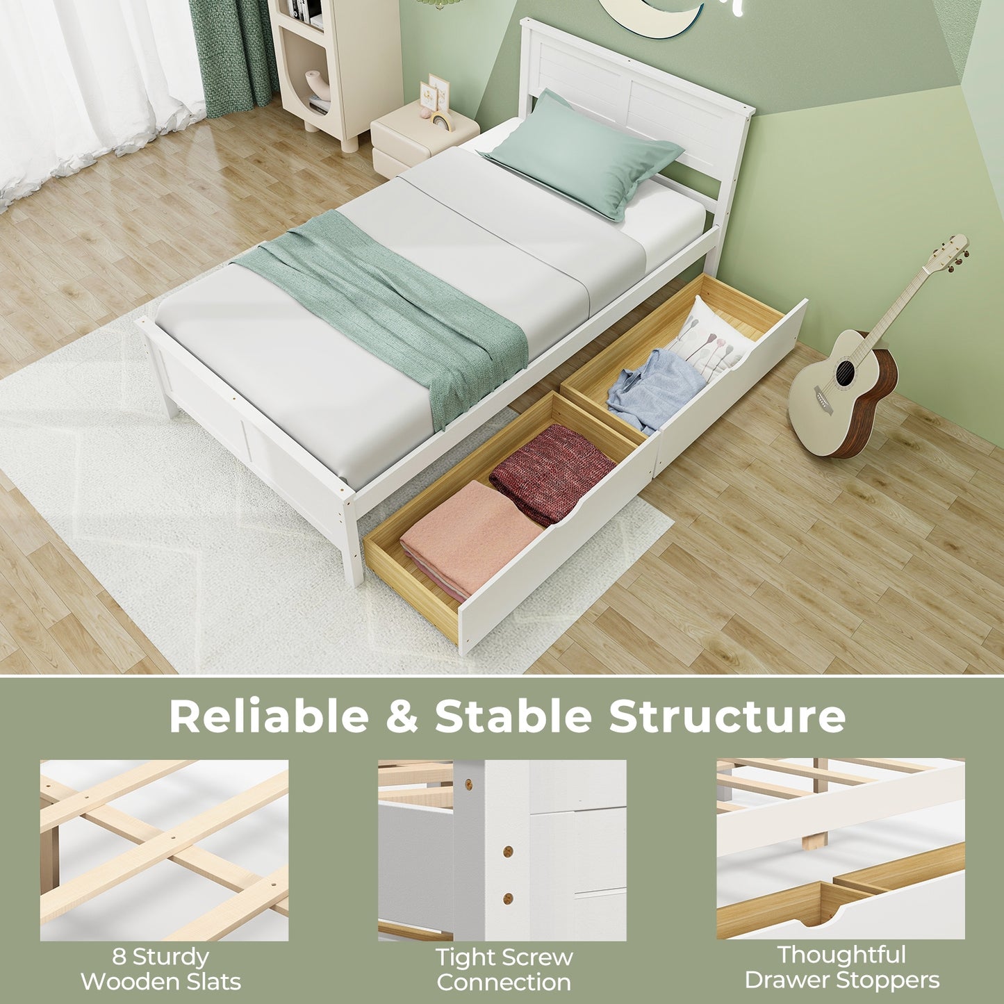 Twin Size Bed Frame with Storage Drawers-White Kids Crystal