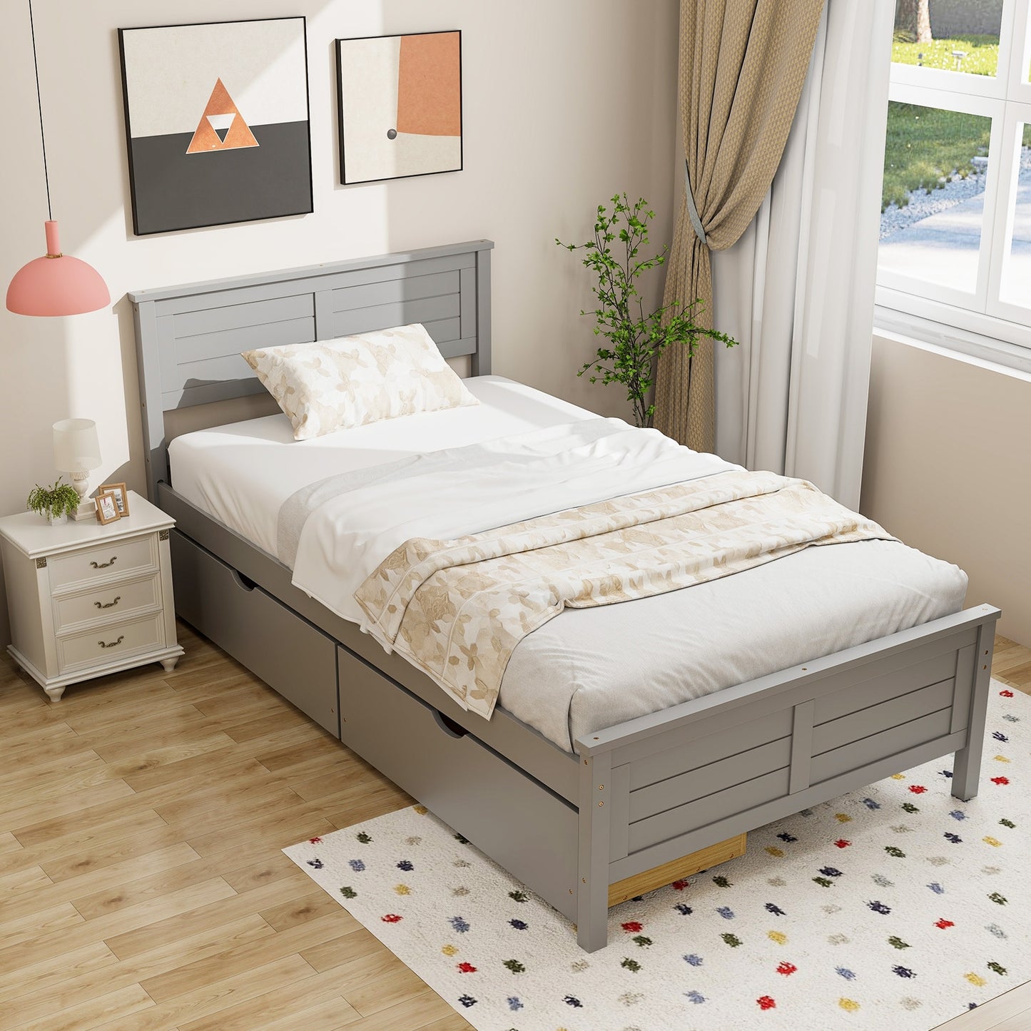 Twin Size Bed Frame with Storage Drawers-Gray Kids Crystal