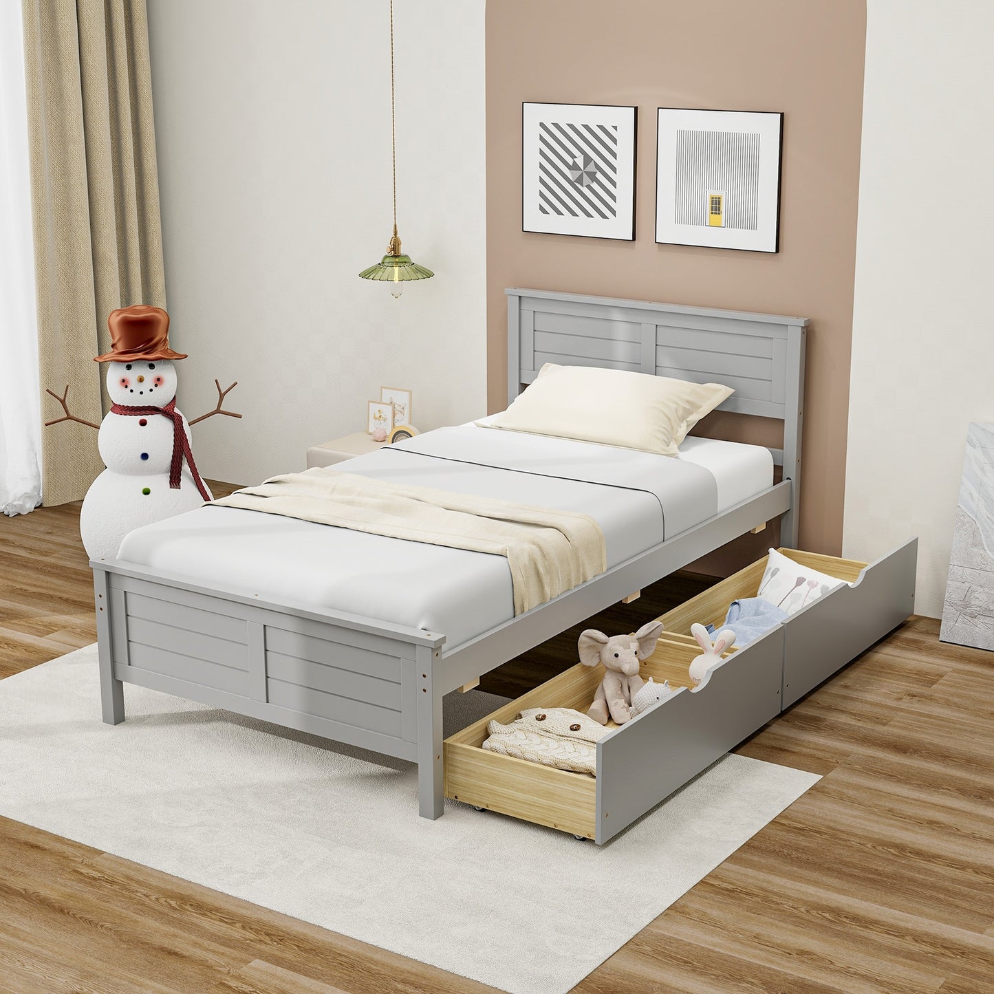 Twin Size Bed Frame with Storage Drawers-Gray Kids Crystal