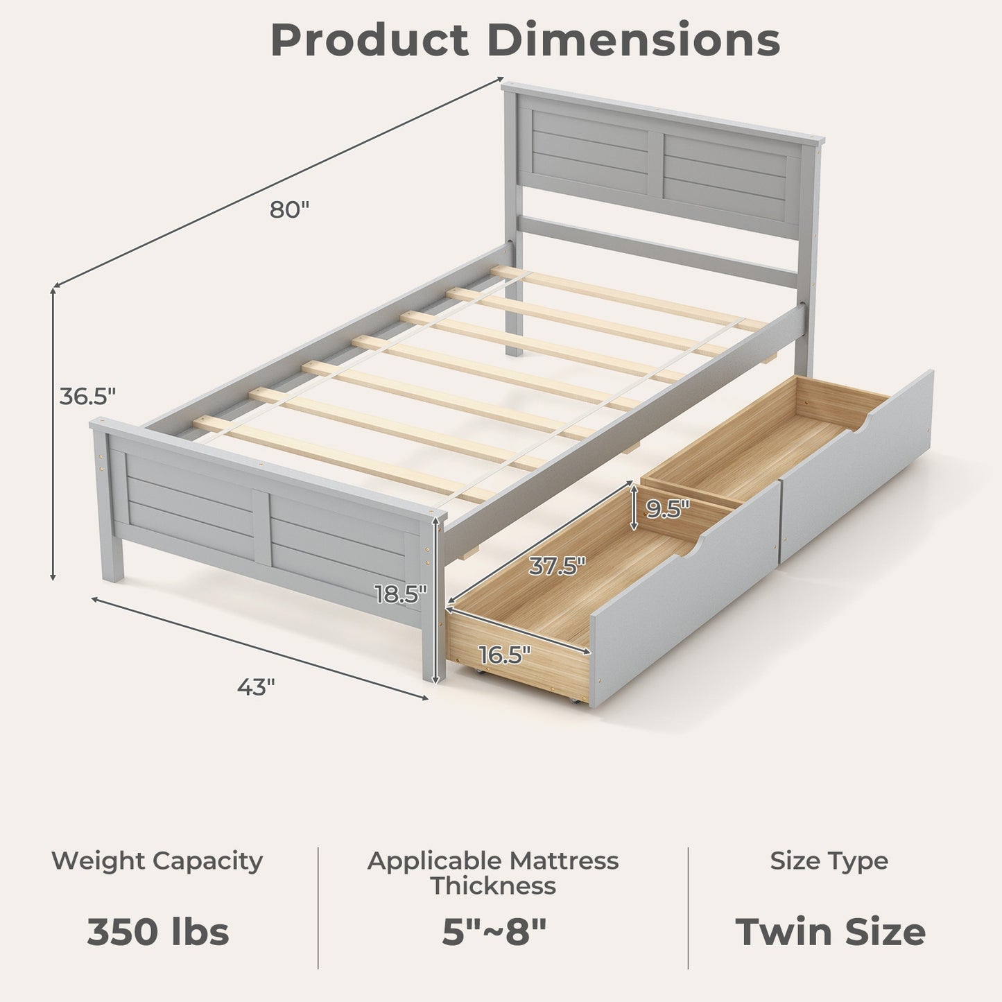 Twin Size Bed Frame with Storage Drawers-Gray Kids Crystal