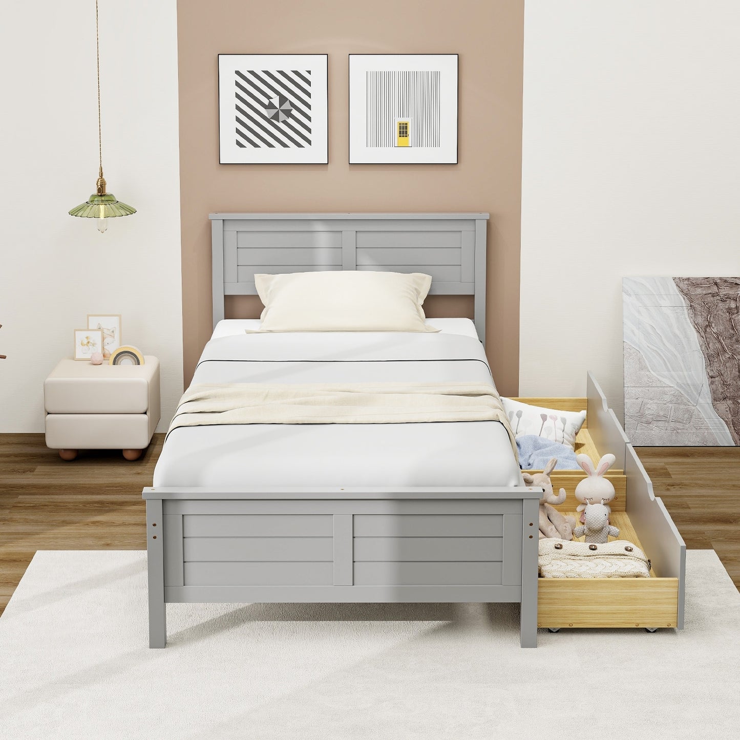 Twin Size Bed Frame with Storage Drawers-Gray Kids Crystal