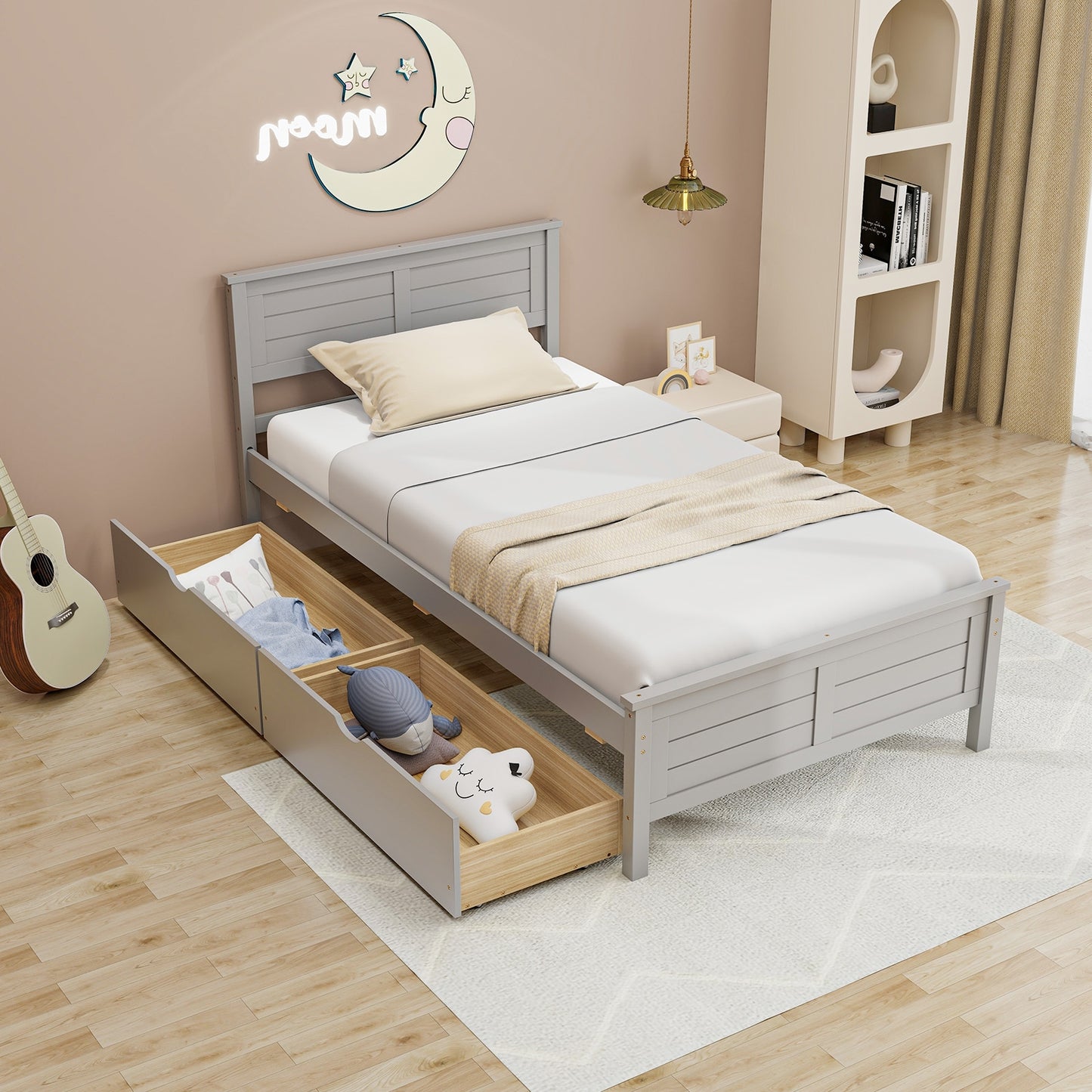 Twin Size Bed Frame with Storage Drawers-Gray Kids Crystal