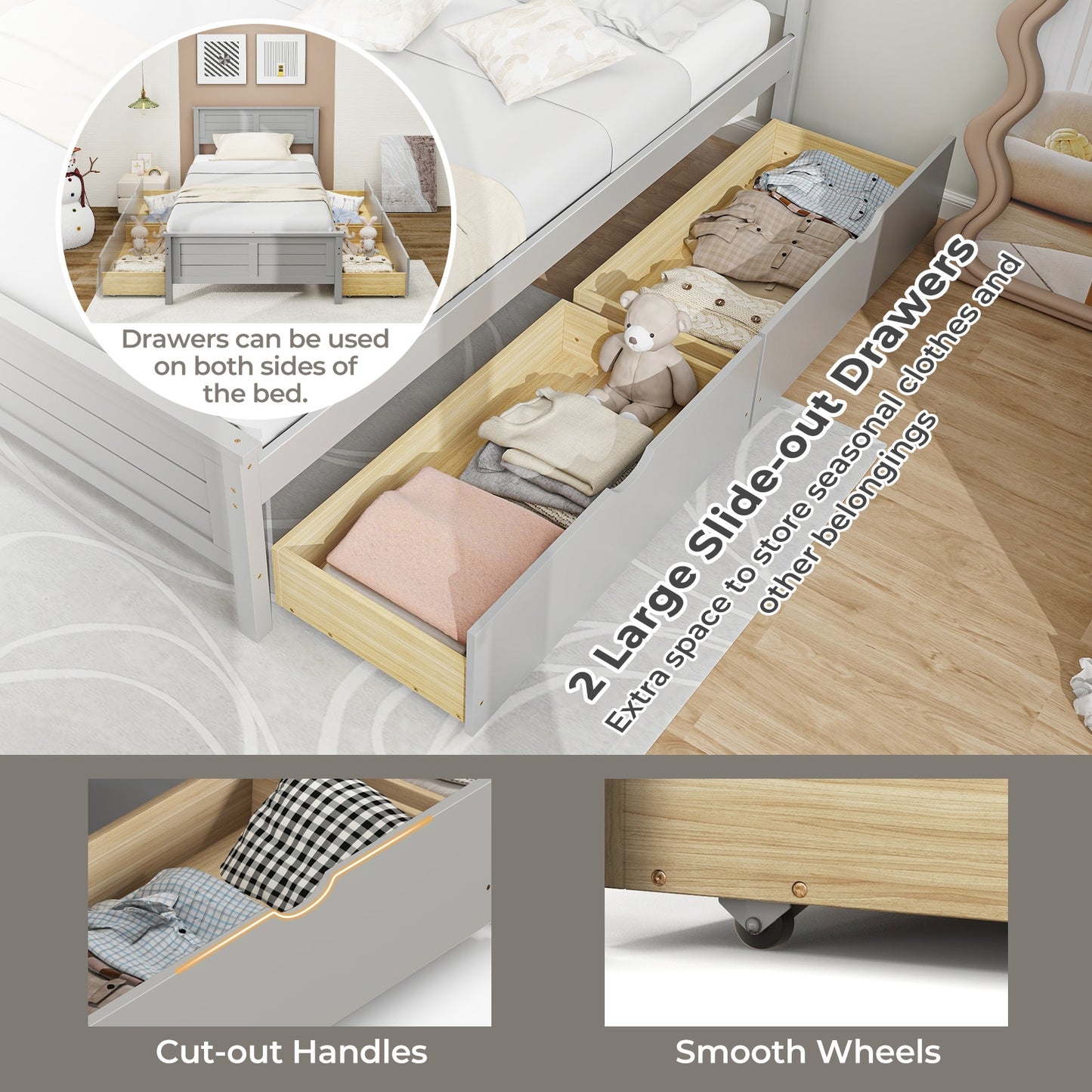 Twin Size Bed Frame with Storage Drawers-Gray Kids Crystal