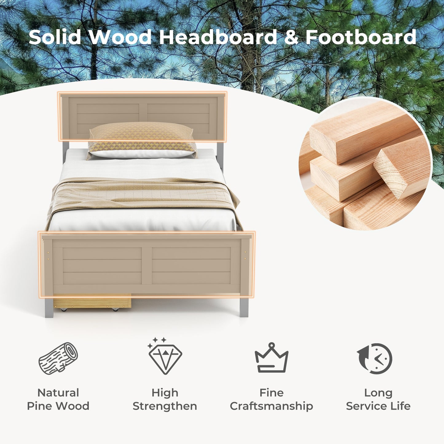 Twin Size Bed Frame with Storage Drawers-Gray Kids Crystal