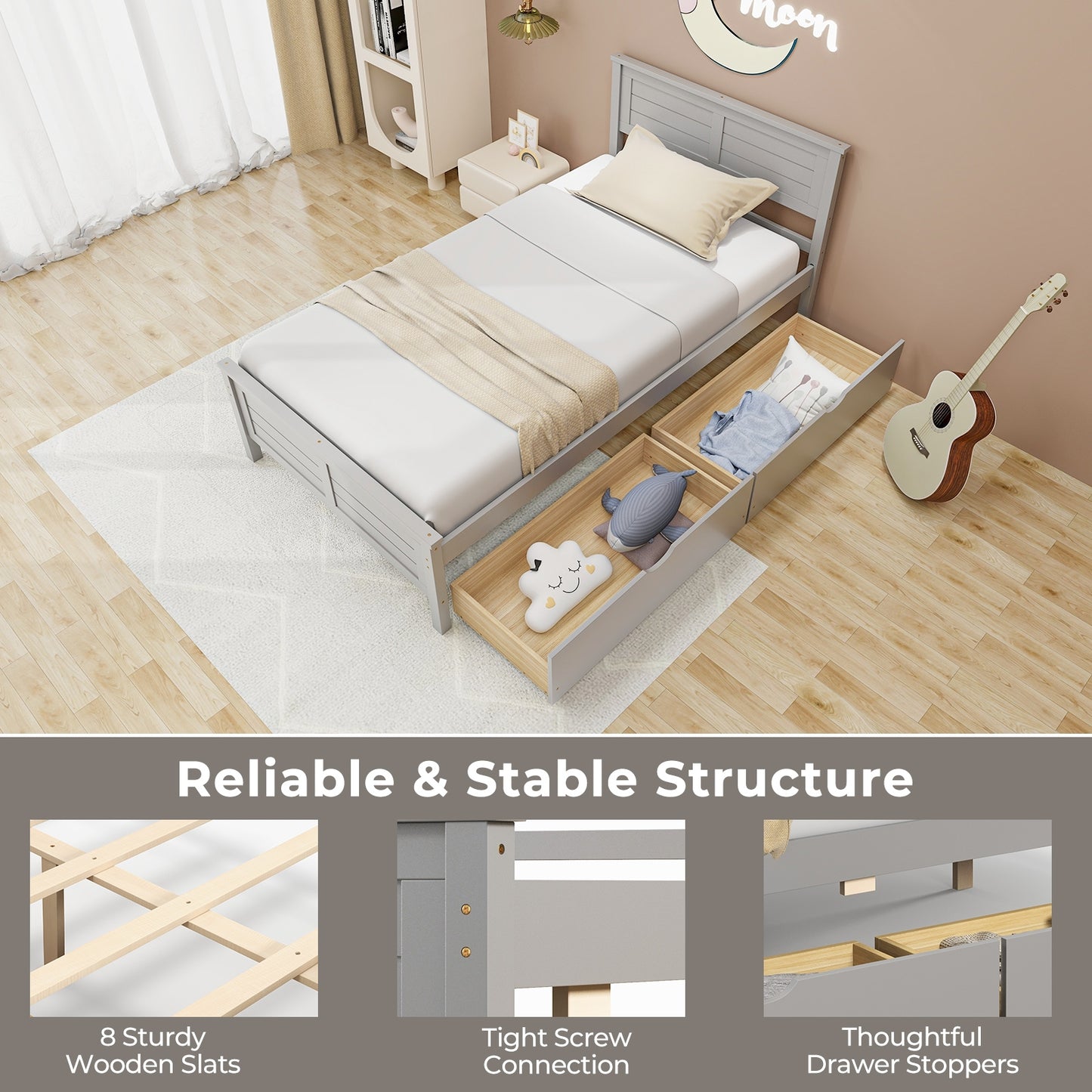 Twin Size Bed Frame with Storage Drawers-Gray Kids Crystal