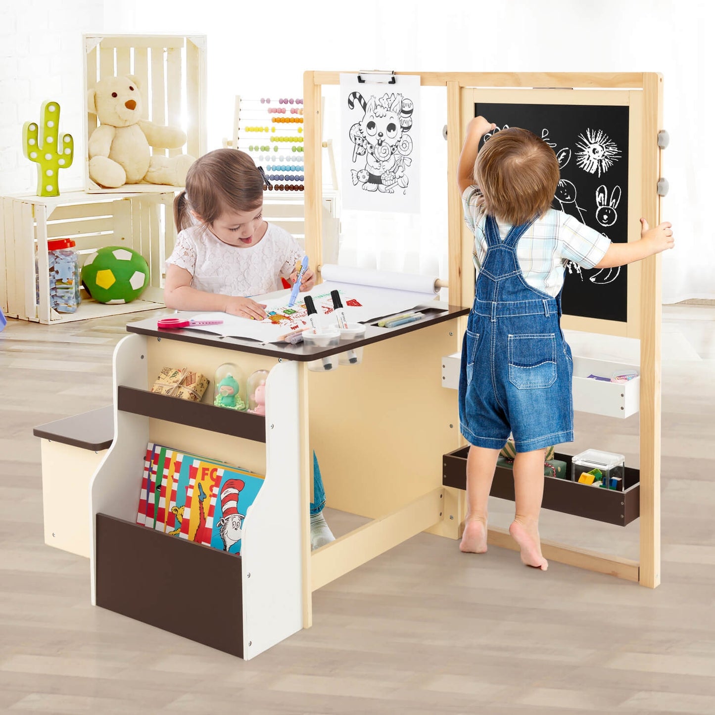 Kids Art Center Wooden Table Bench Set-Brown Kids Crystal
