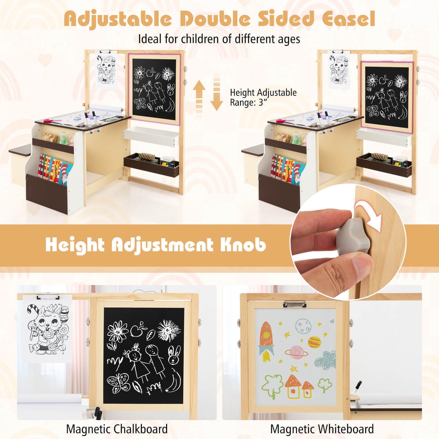 Kids Art Center Wooden Table Bench Set-Brown Kids Crystal