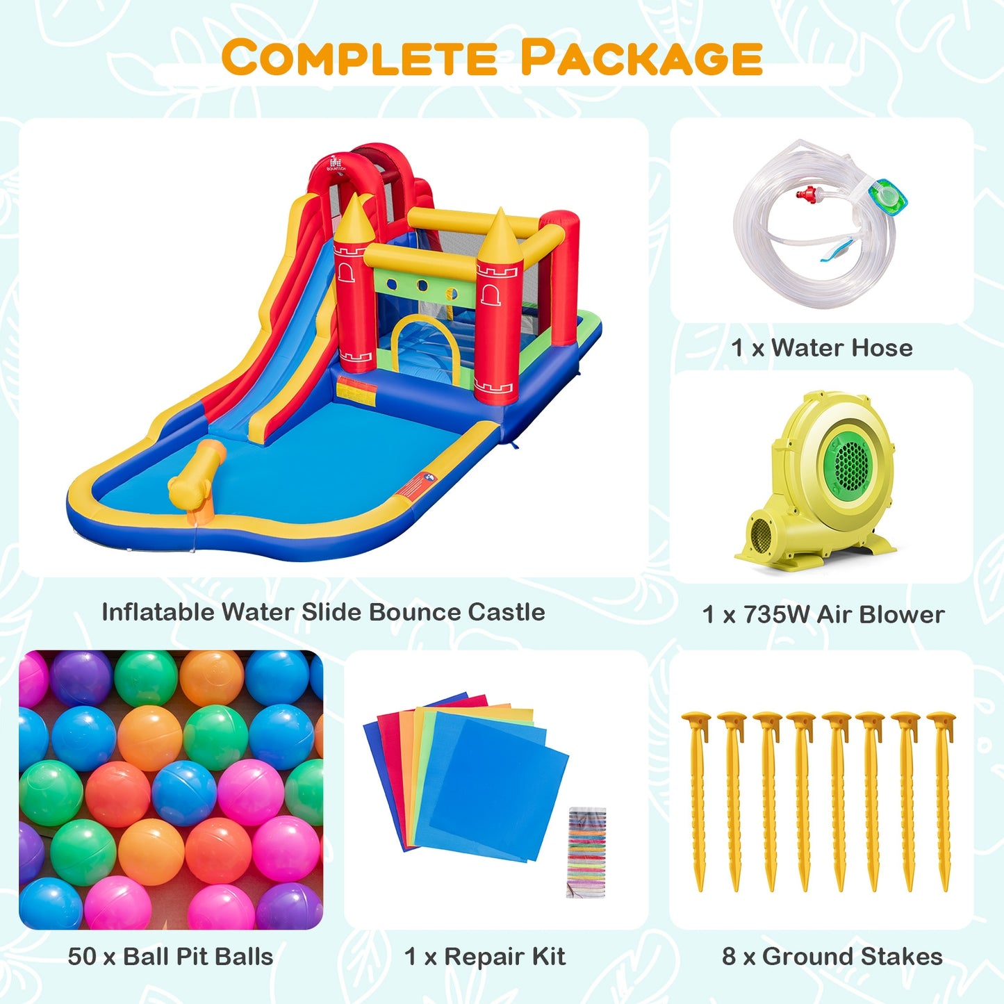 9-in-1 Inflatable Bounce Castle with Water Slide and Splash Pool with 735W Blower Kids Crystal