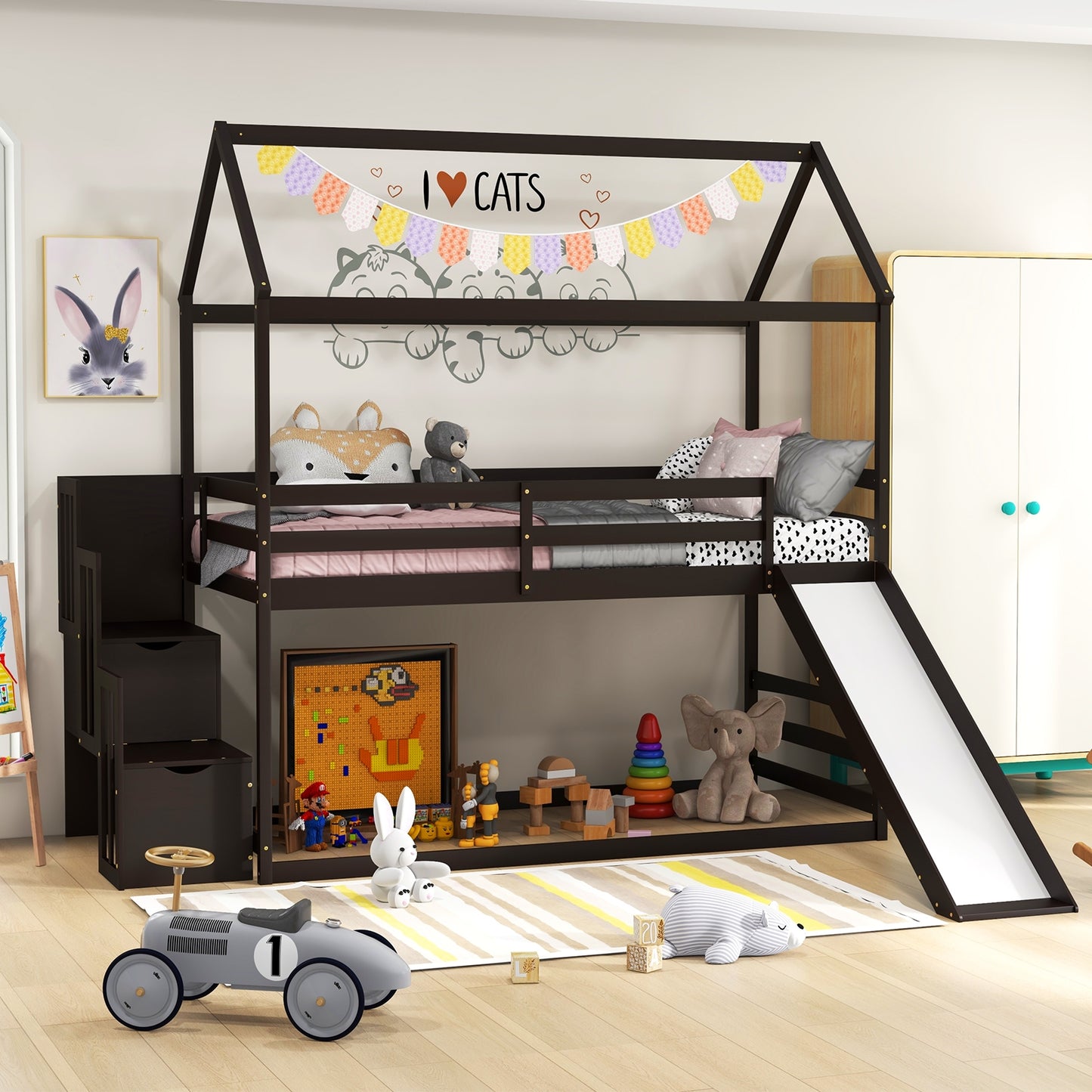 Twin over Twin Bunk Bed with Slide and 2-Step Storage Staircase-Espresso Kids Crystal