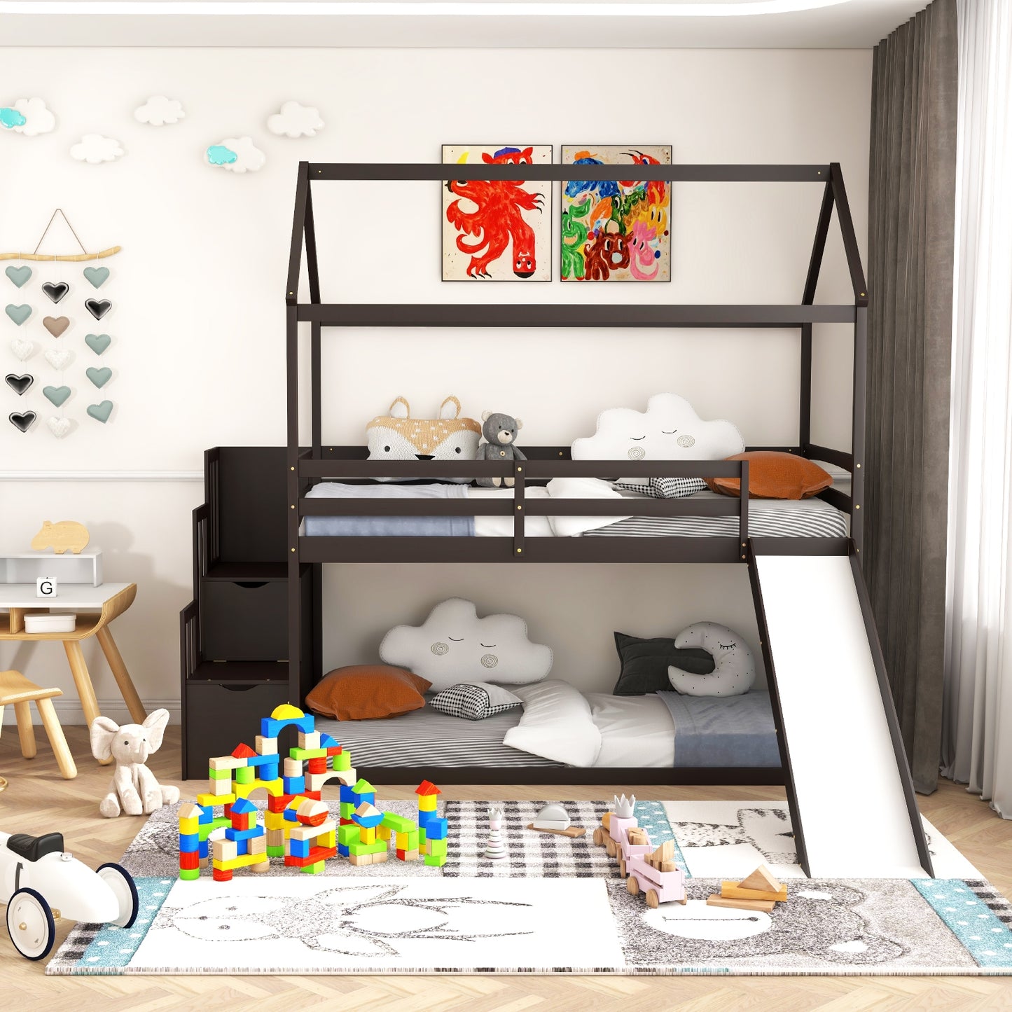 Twin over Twin Bunk Bed with Slide and 2-Step Storage Staircase-Espresso Kids Crystal