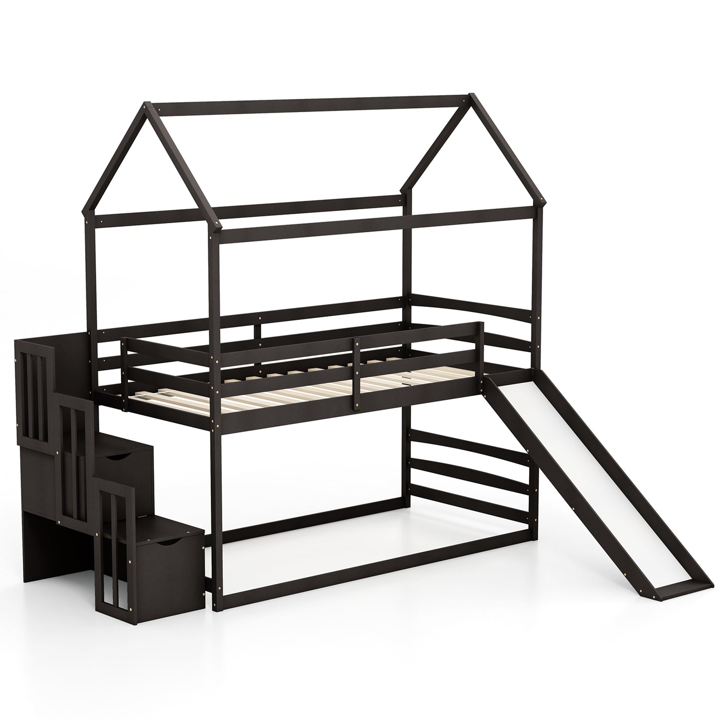 Twin over Twin Bunk Bed with Slide and 2-Step Storage Staircase-Espresso Kids Crystal