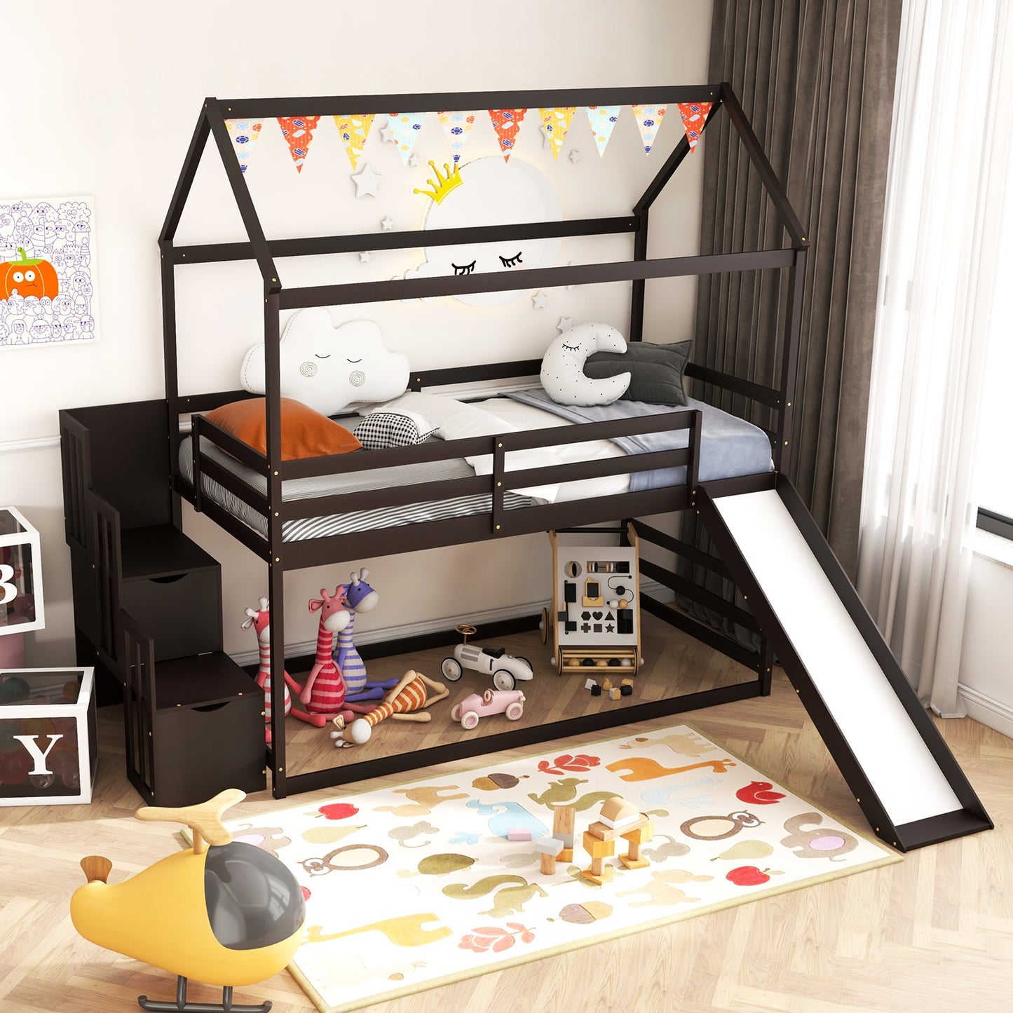 Twin over Twin Bunk Bed with Slide and 2-Step Storage Staircase-Espresso Kids Crystal