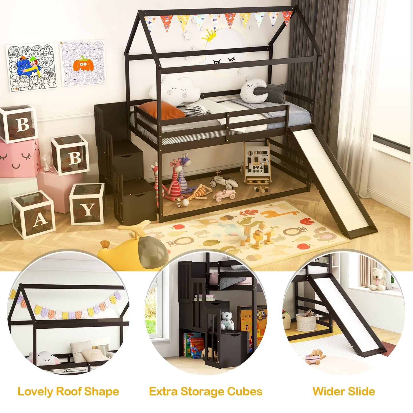 Twin over Twin Bunk Bed with Slide and 2-Step Storage Staircase-Espresso Kids Crystal