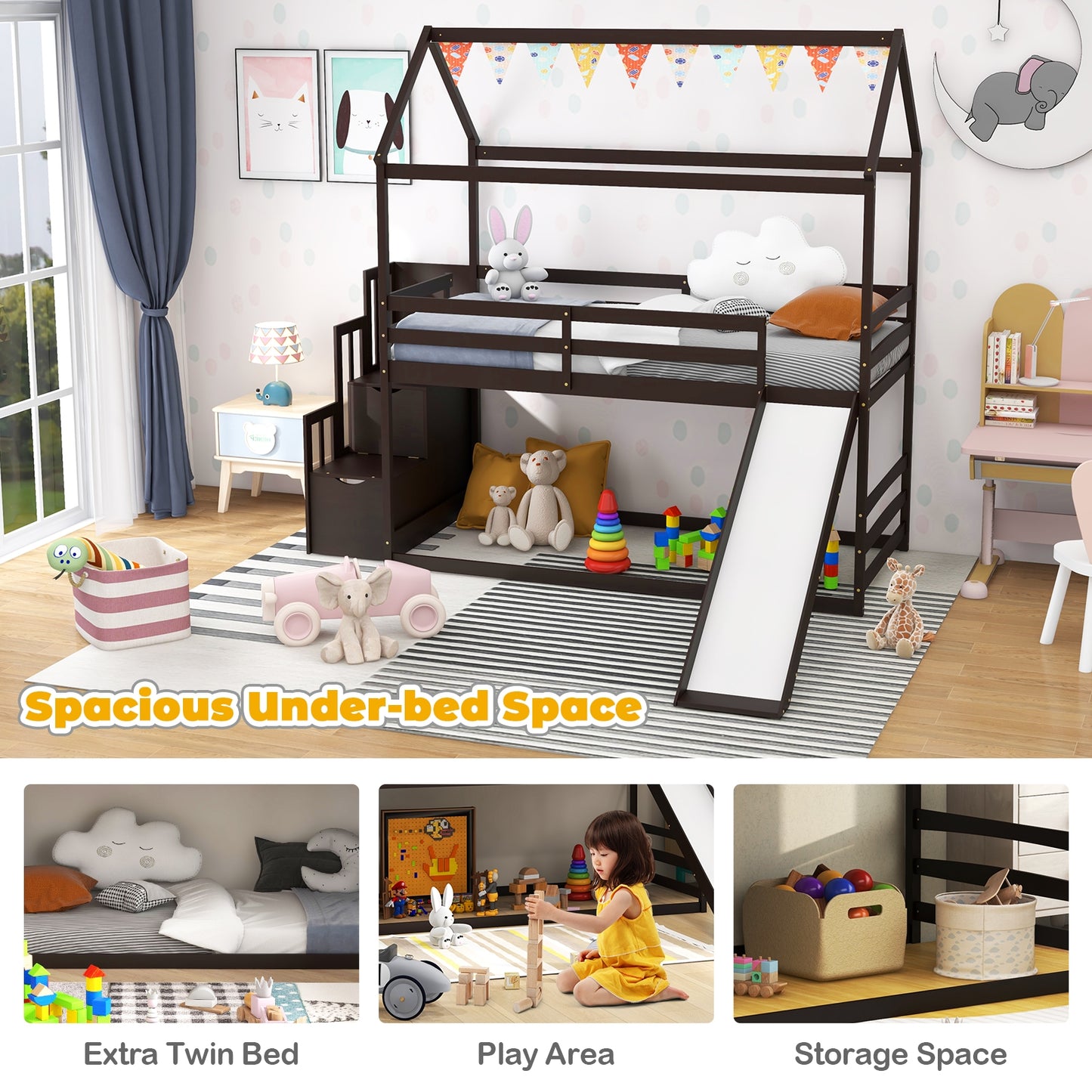 Twin over Twin Bunk Bed with Slide and 2-Step Storage Staircase-Espresso Kids Crystal