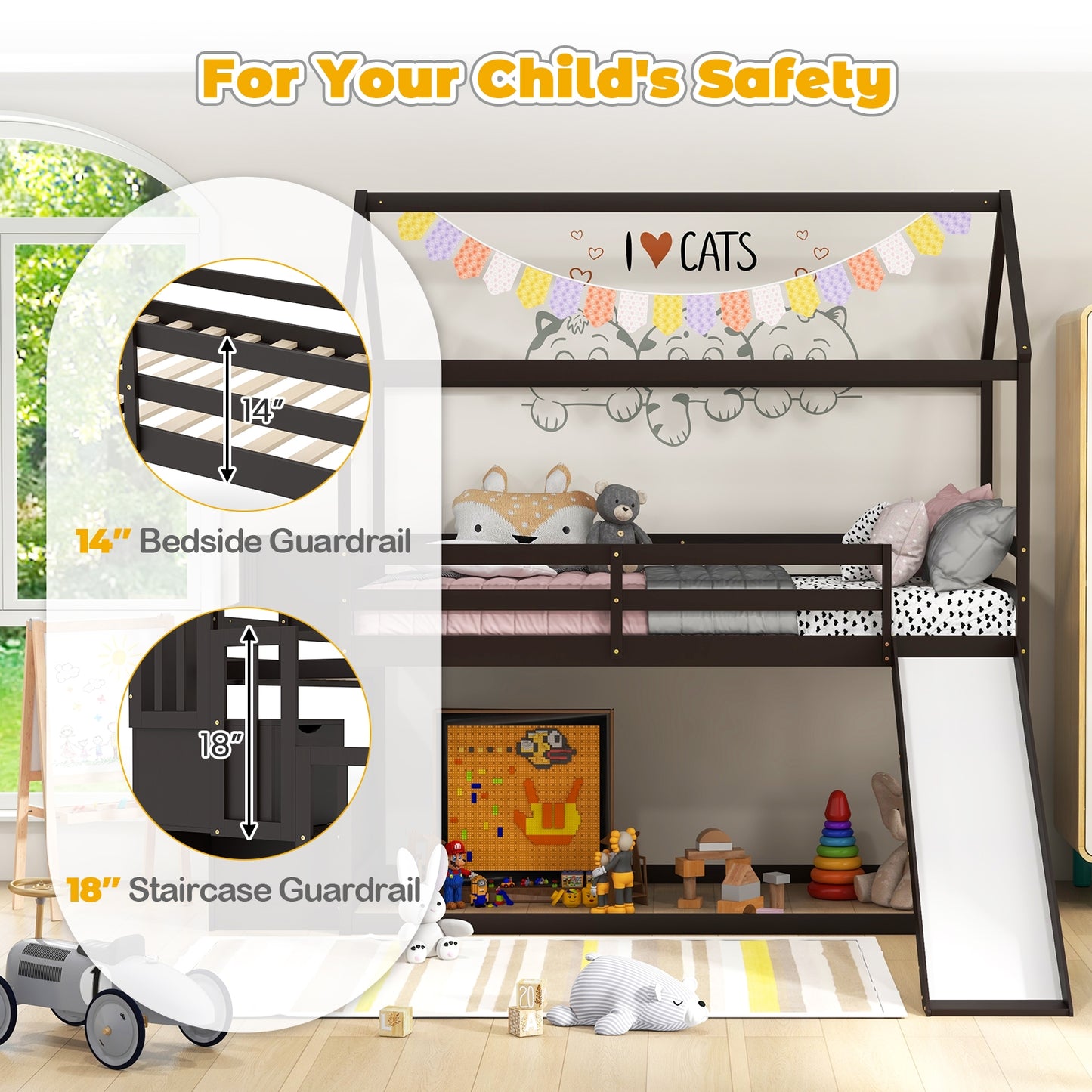Twin over Twin Bunk Bed with Slide and 2-Step Storage Staircase-Espresso Kids Crystal