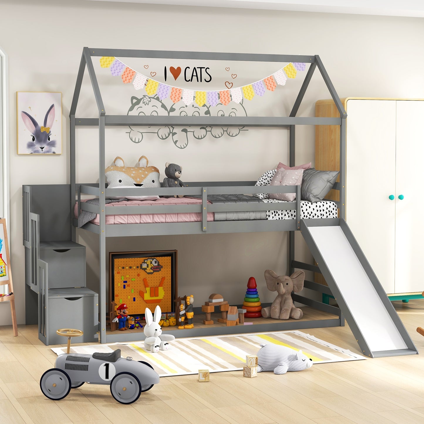 Twin over Twin Bunk Bed with Slide and 2-Step Storage Staircase-Gray Kids Crystal