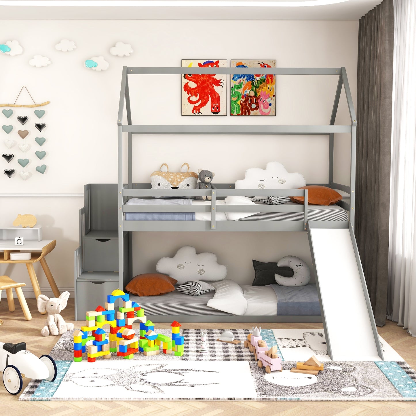 Twin over Twin Bunk Bed with Slide and 2-Step Storage Staircase-Gray Kids Crystal