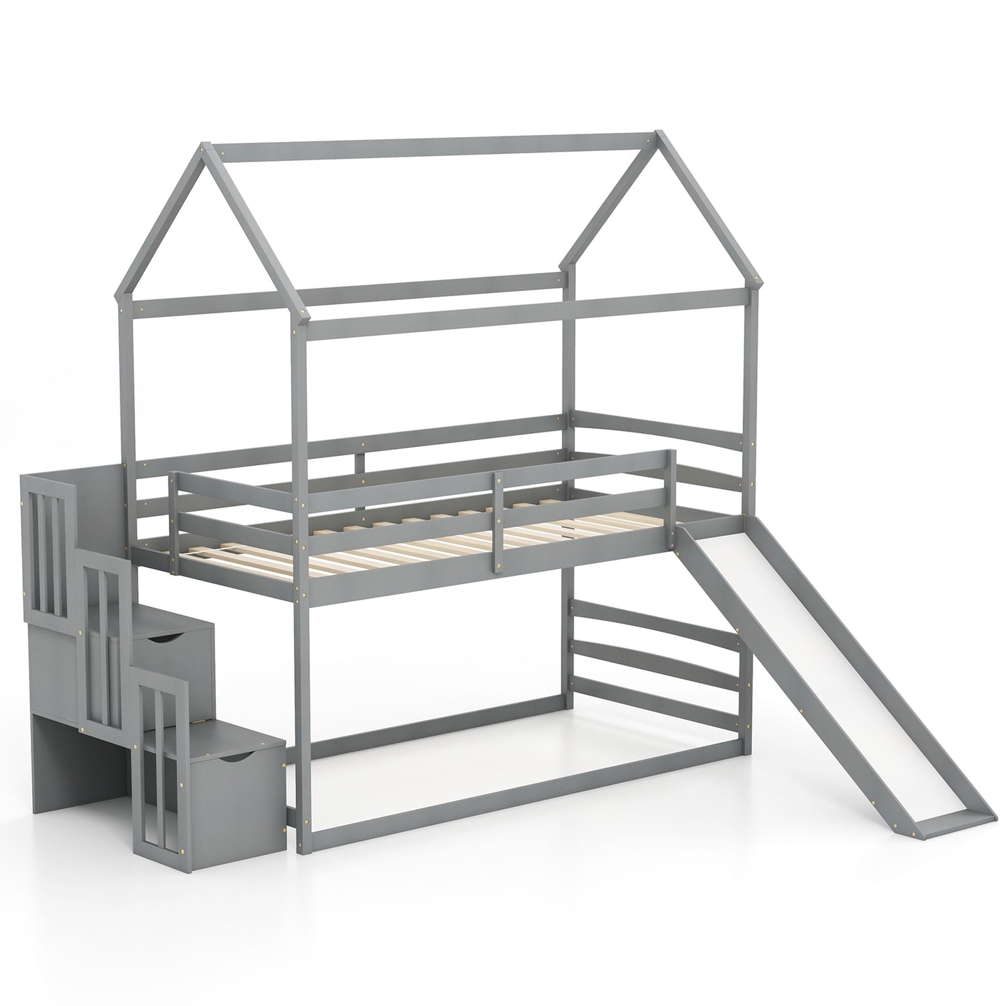 Twin over Twin Bunk Bed with Slide and 2-Step Storage Staircase-Gray Kids Crystal