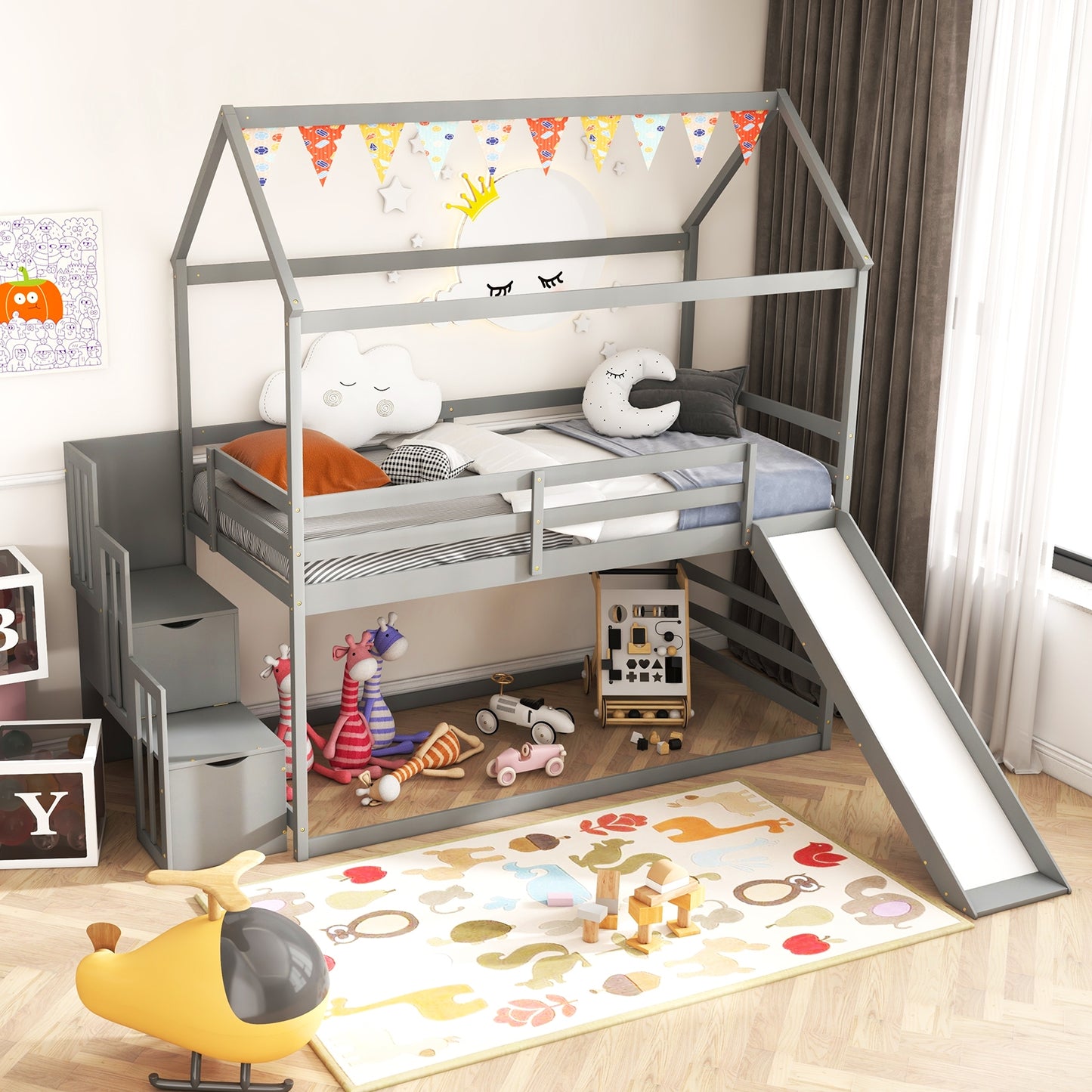 Twin over Twin Bunk Bed with Slide and 2-Step Storage Staircase-Gray Kids Crystal