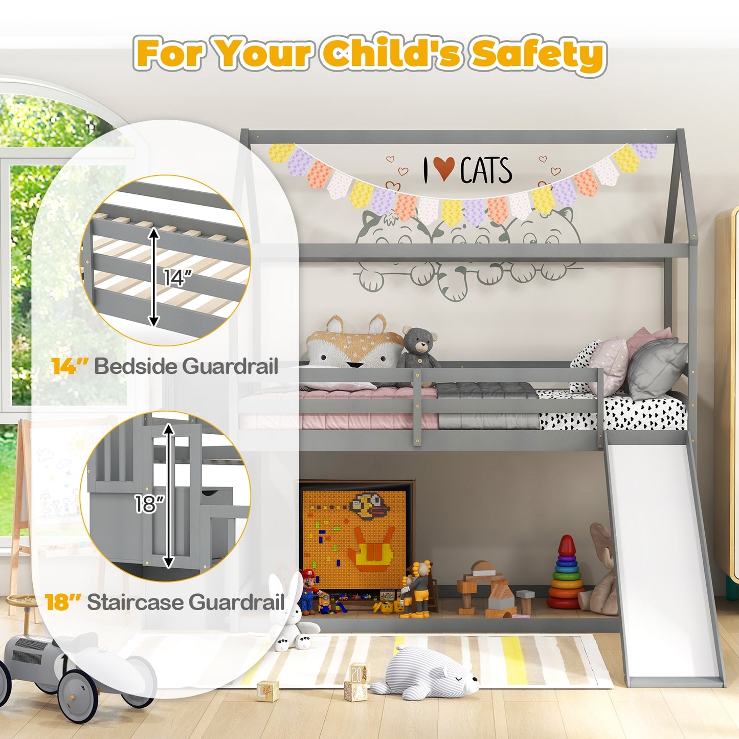 Twin over Twin Bunk Bed with Slide and 2-Step Storage Staircase-Gray Kids Crystal
