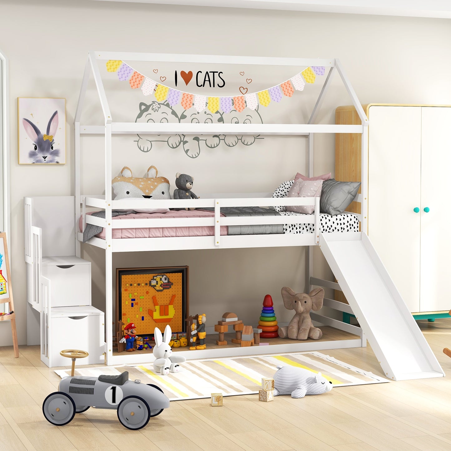 Twin over Twin Bunk Bed with Slide and 2-Step Storage Staircase-White Kids Crystal