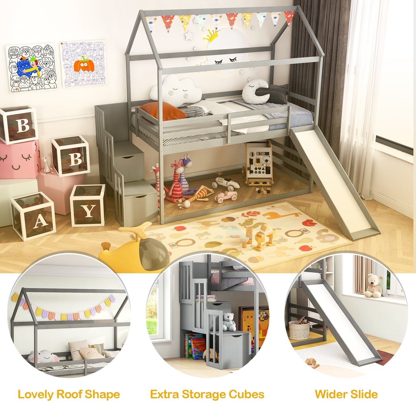 Twin over Twin Bunk Bed with Slide and 2-Step Storage Staircase-Gray Kids Crystal
