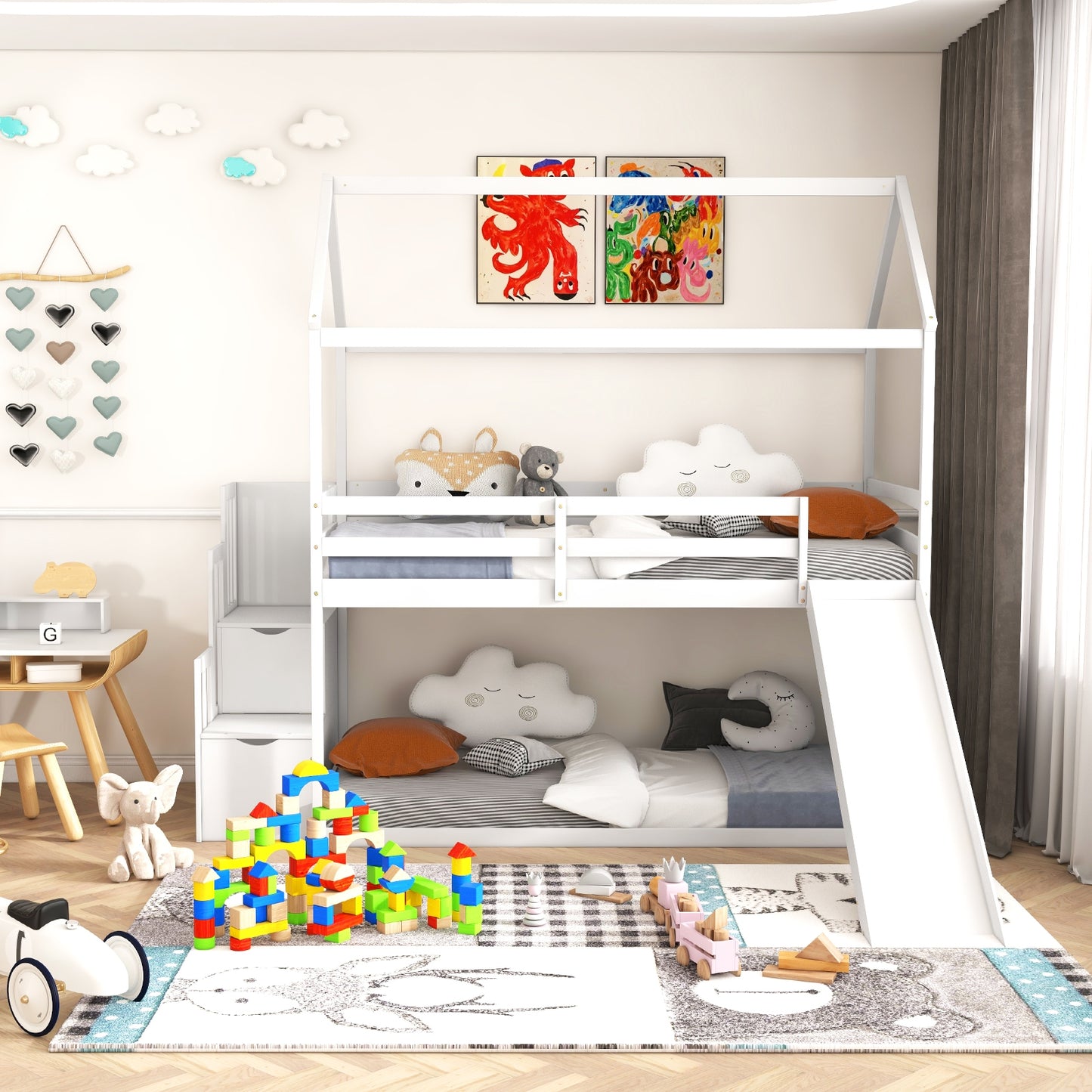 Twin over Twin Bunk Bed with Slide and 2-Step Storage Staircase-White Kids Crystal