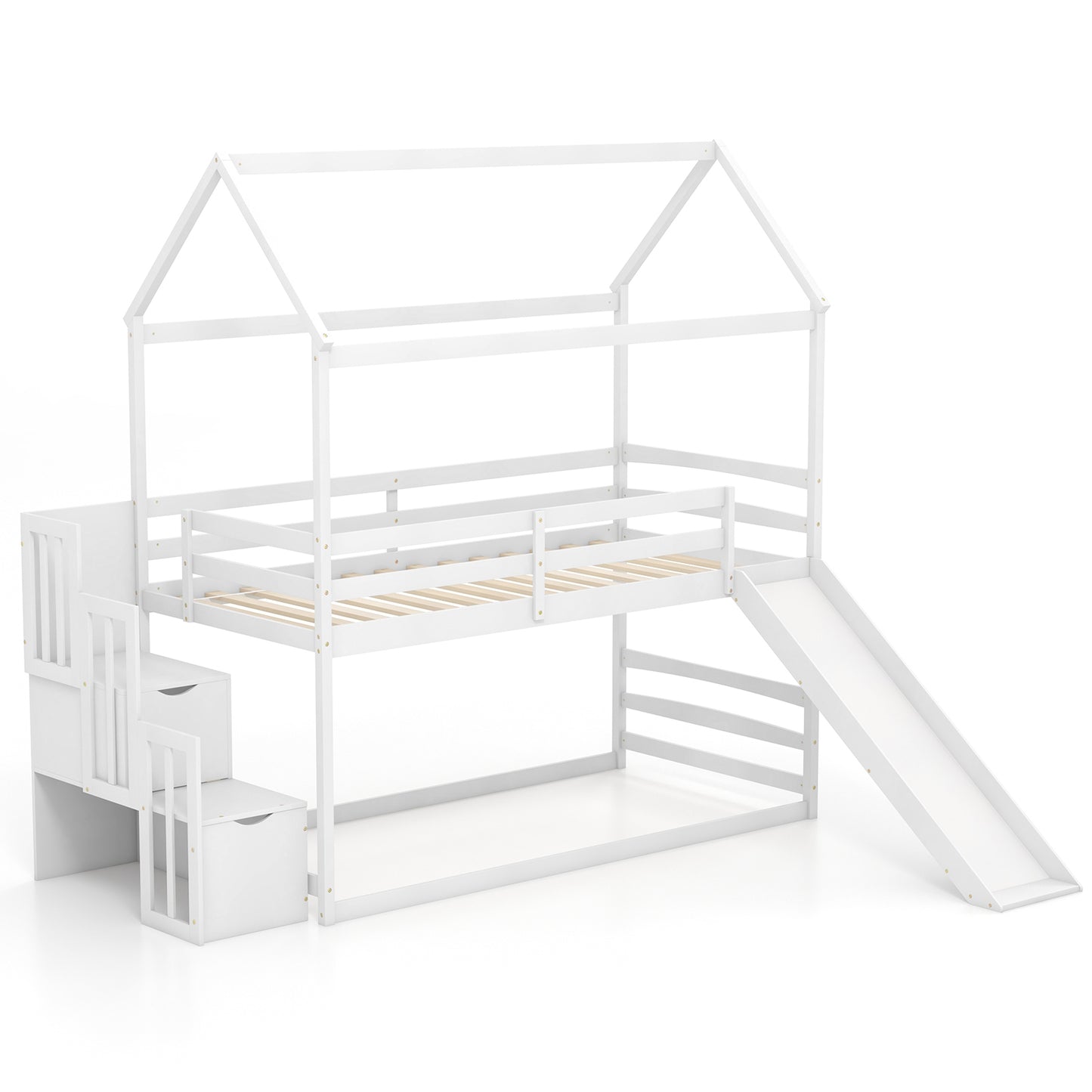 Twin over Twin Bunk Bed with Slide and 2-Step Storage Staircase-White Kids Crystal