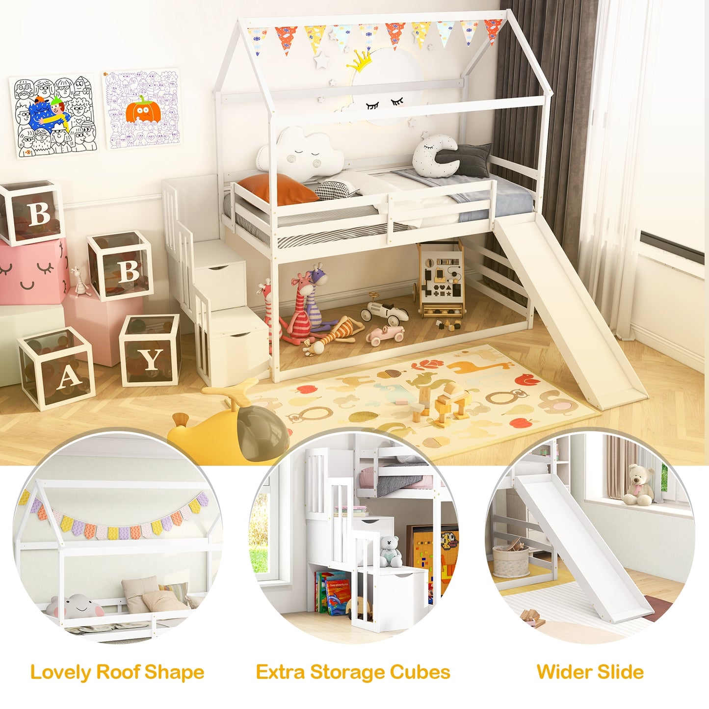 Twin over Twin Bunk Bed with Slide and 2-Step Storage Staircase-White Kids Crystal